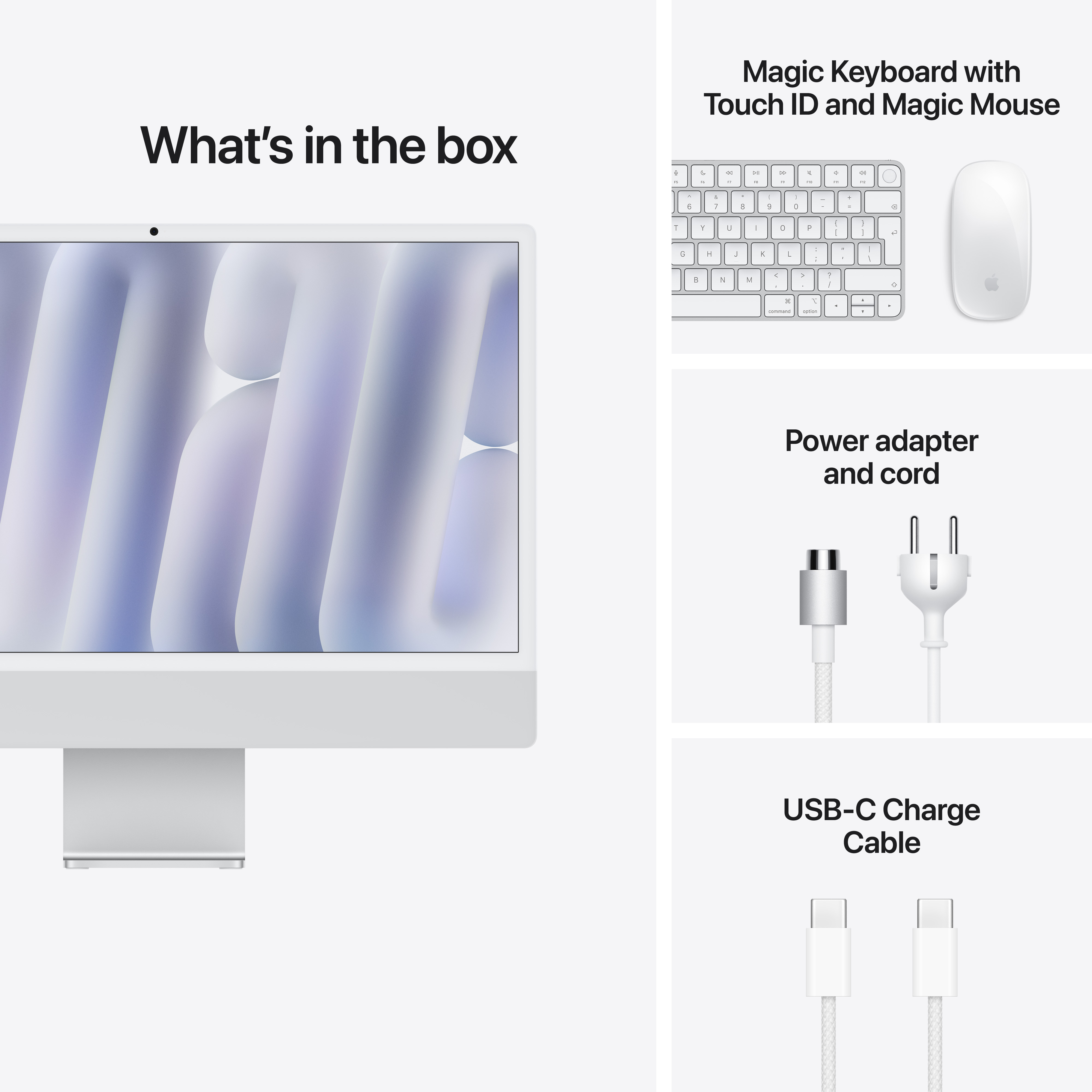 Apple iMac doboz tartalma: billentyűzet, egér, hálózati adapter, tápkábel és USB-C kábel.