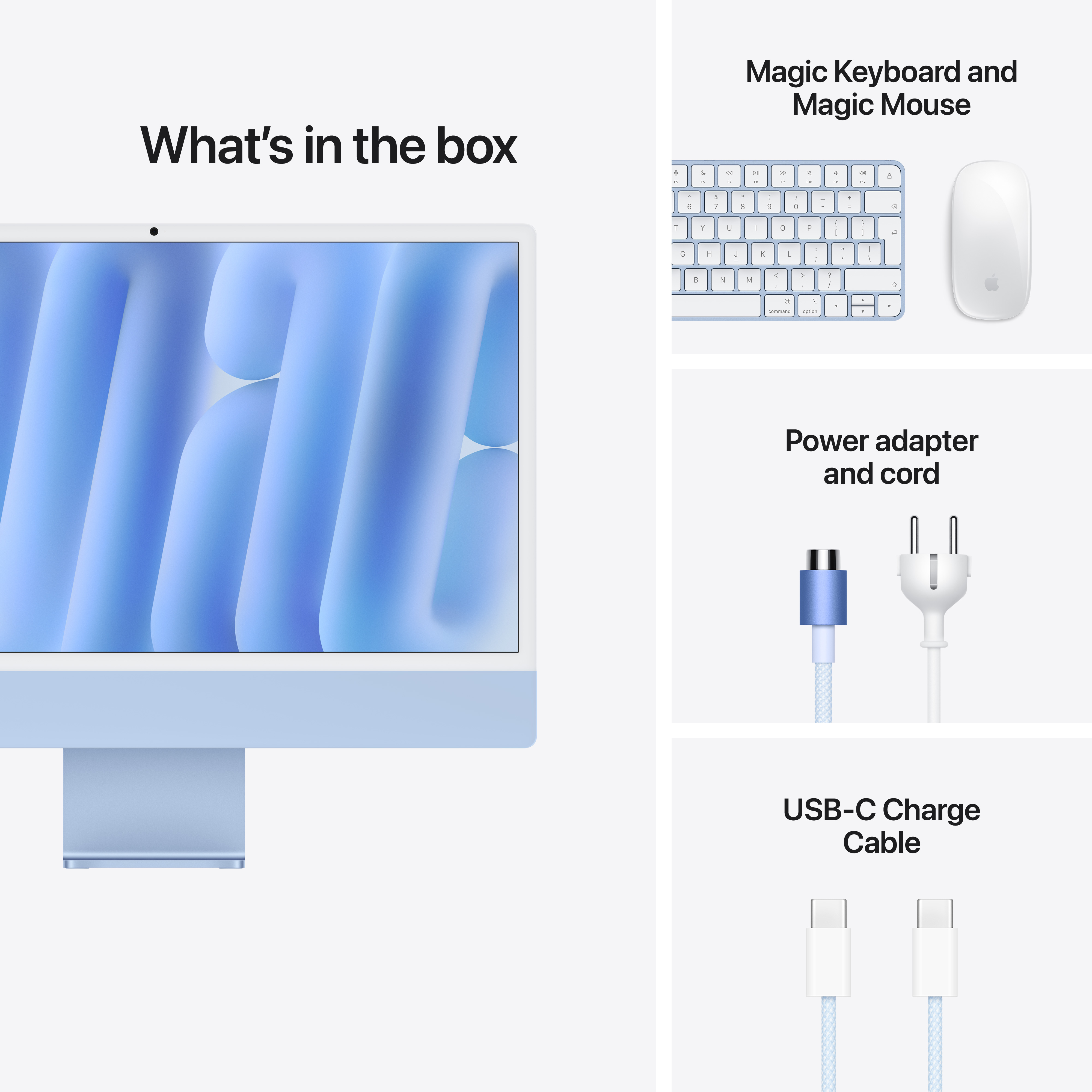 A doboz tartalma: kék iMac, Magic Keyboard, Magic Mouse, hálózati adapter, tápkábel és USB-C kábel.