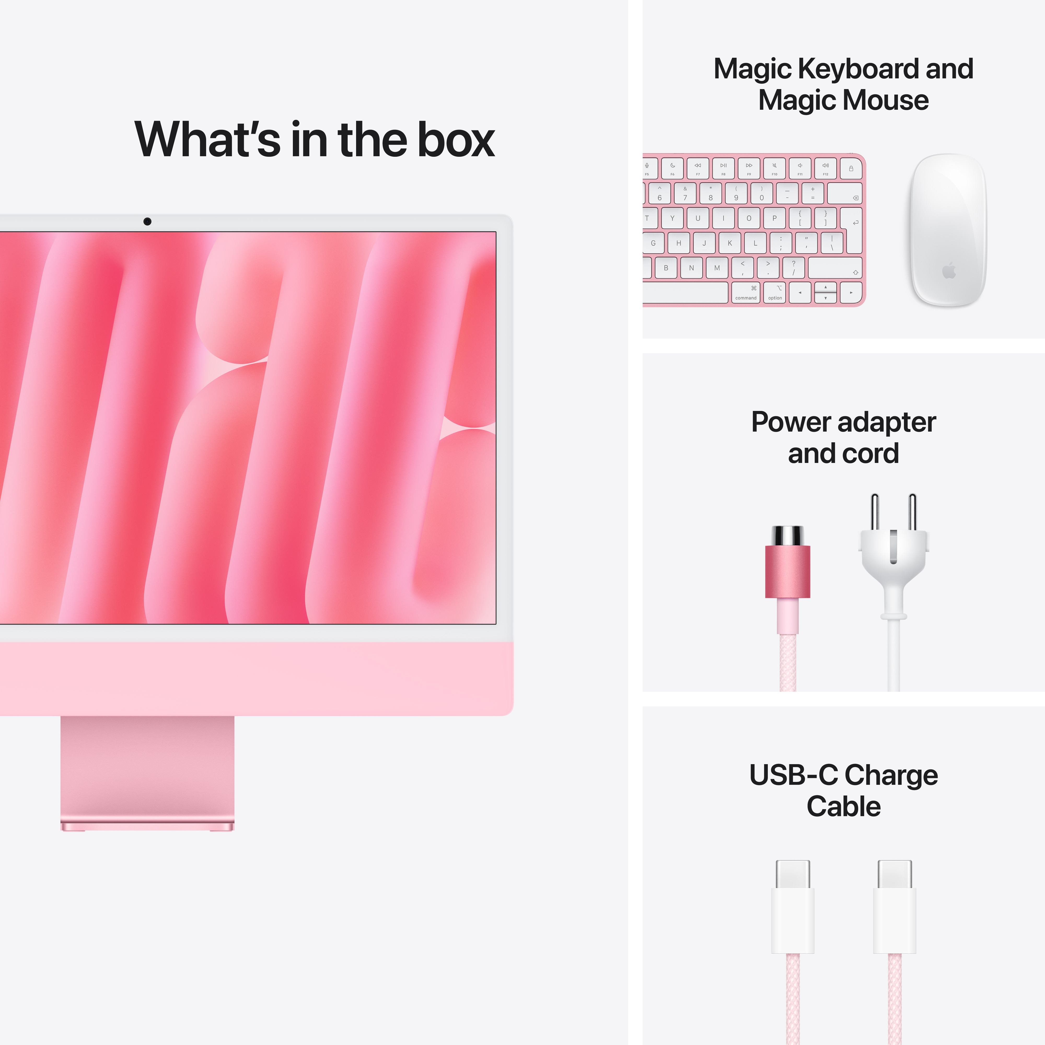Mi van a dobozban: rózsaszín iMac, Magic Keyboard, Magic Mouse, hálózati adapter és USB-C kábel.