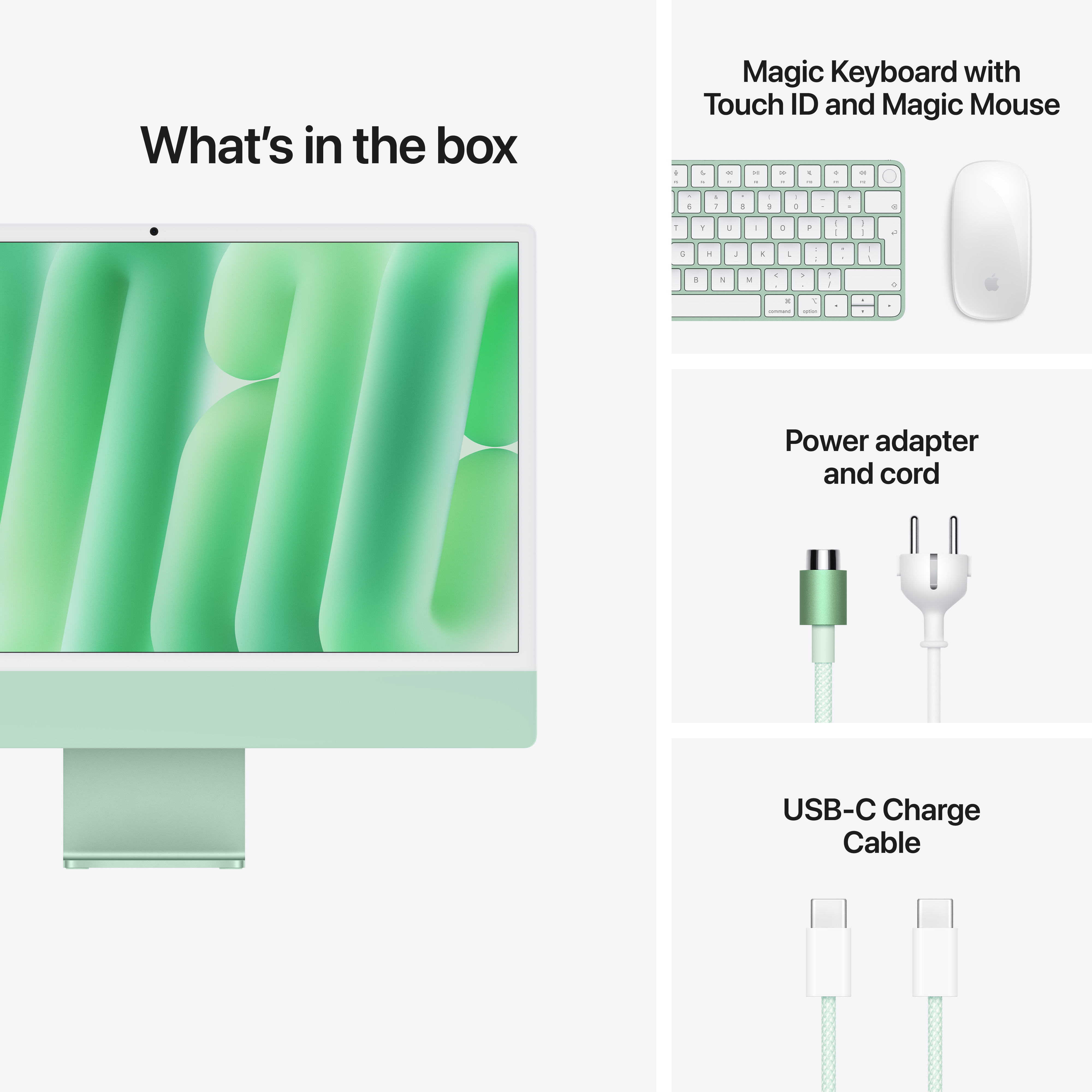 Apple számítógép doboz tartalma zöld Mac-kel, billentyűzettel, egérrel, hálózati adapterrel és USB-C kábellel.