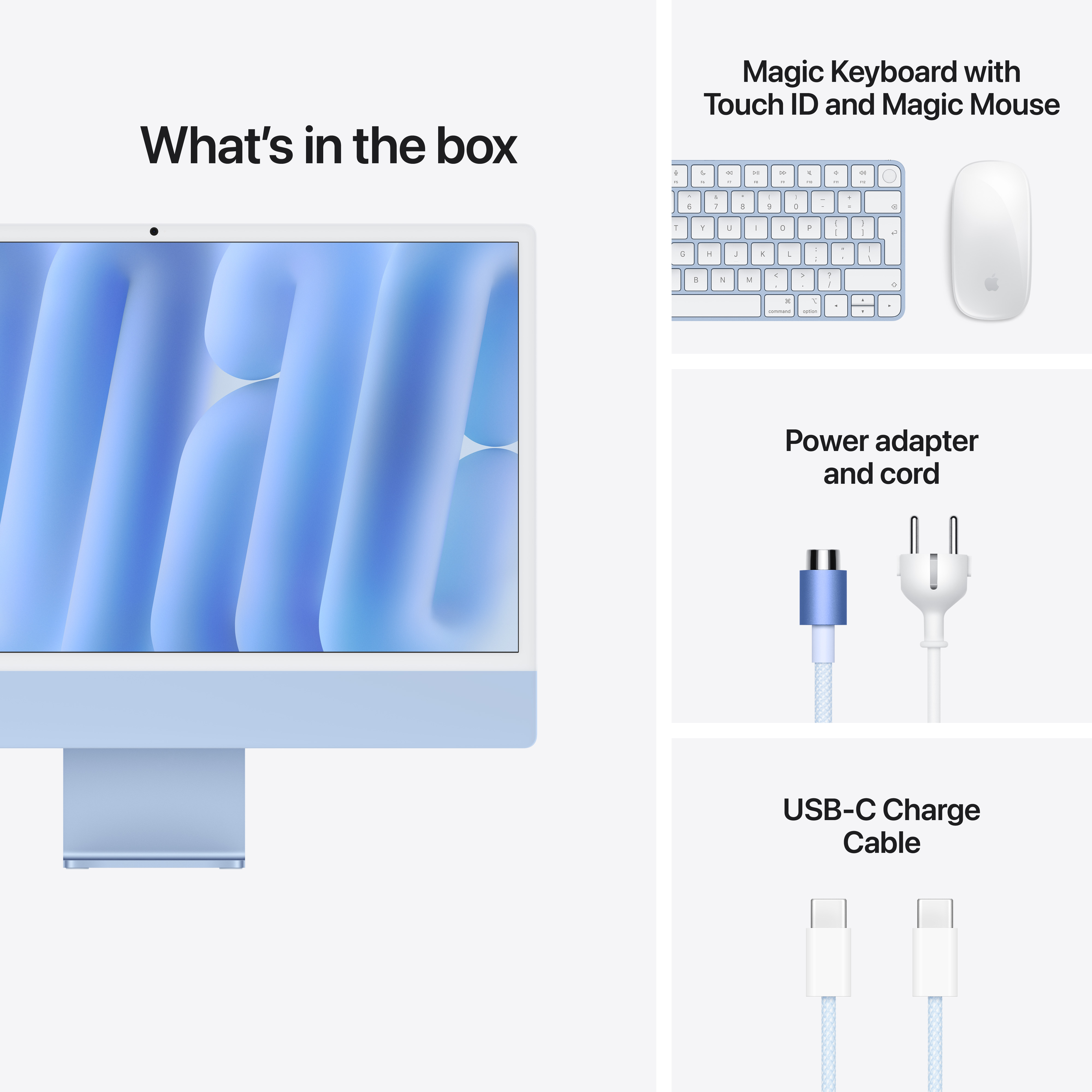 A doboz tartalma: kék iMac, Magic Keyboard, Magic Mouse, hálózati adapter, tápkábel és USB-C töltőkábel.