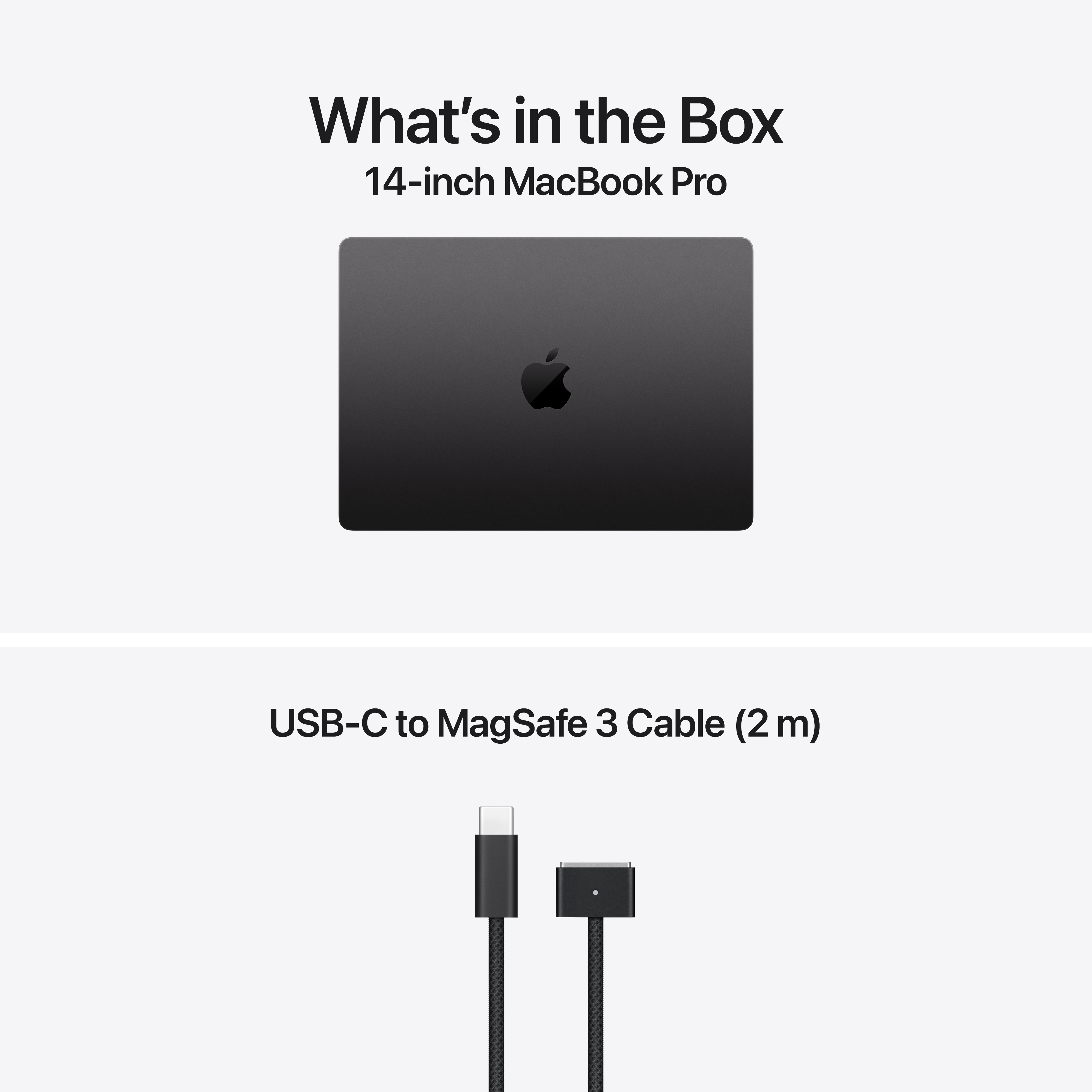 A doboz tartalma: 14 hüvelykes MacBook Pro és USB-C–MagSafe 3 kábel (2 m).