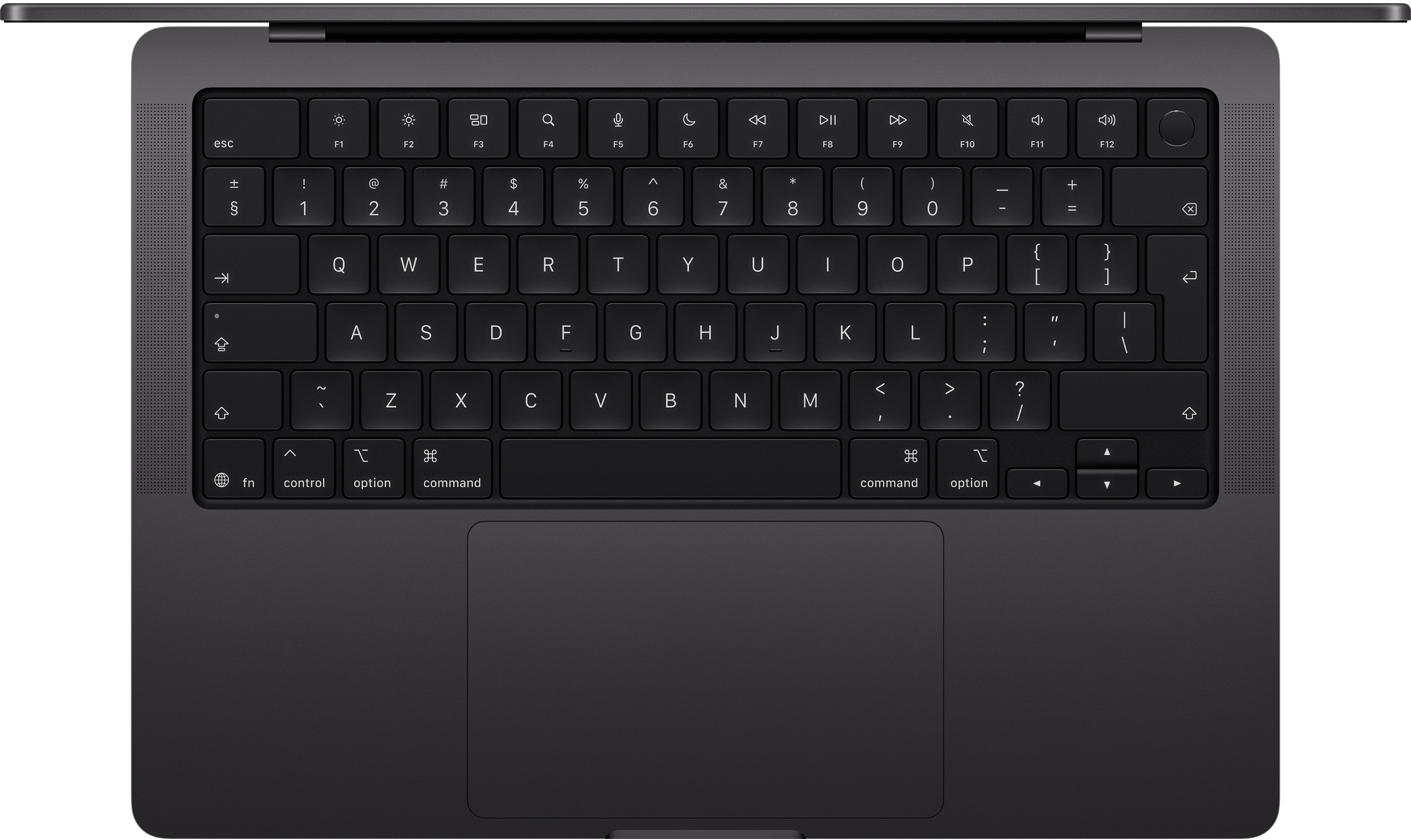 Sötét laptop billentyűzet felülnézete, alul érintőpaddal és oldalt hangszórókkal.