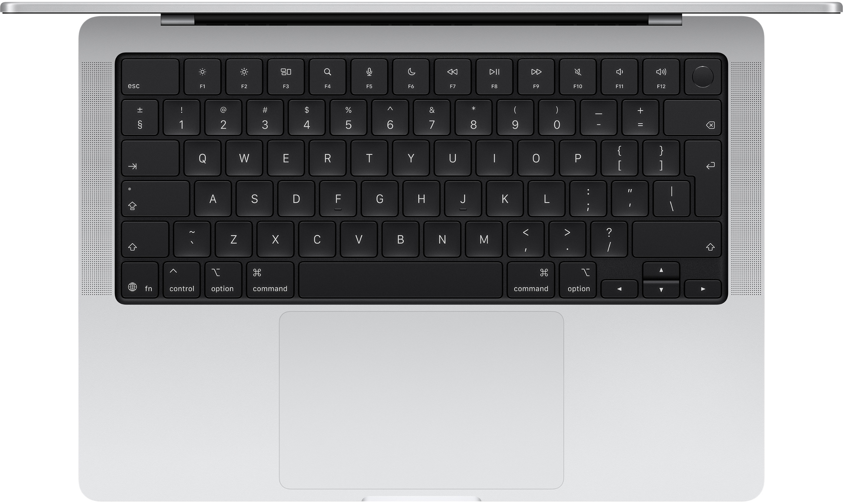 Felülnézet egy ezüst laptop billentyűzetéről, fekete QWERTZ elrendezéssel és beépített érintőpaddal.