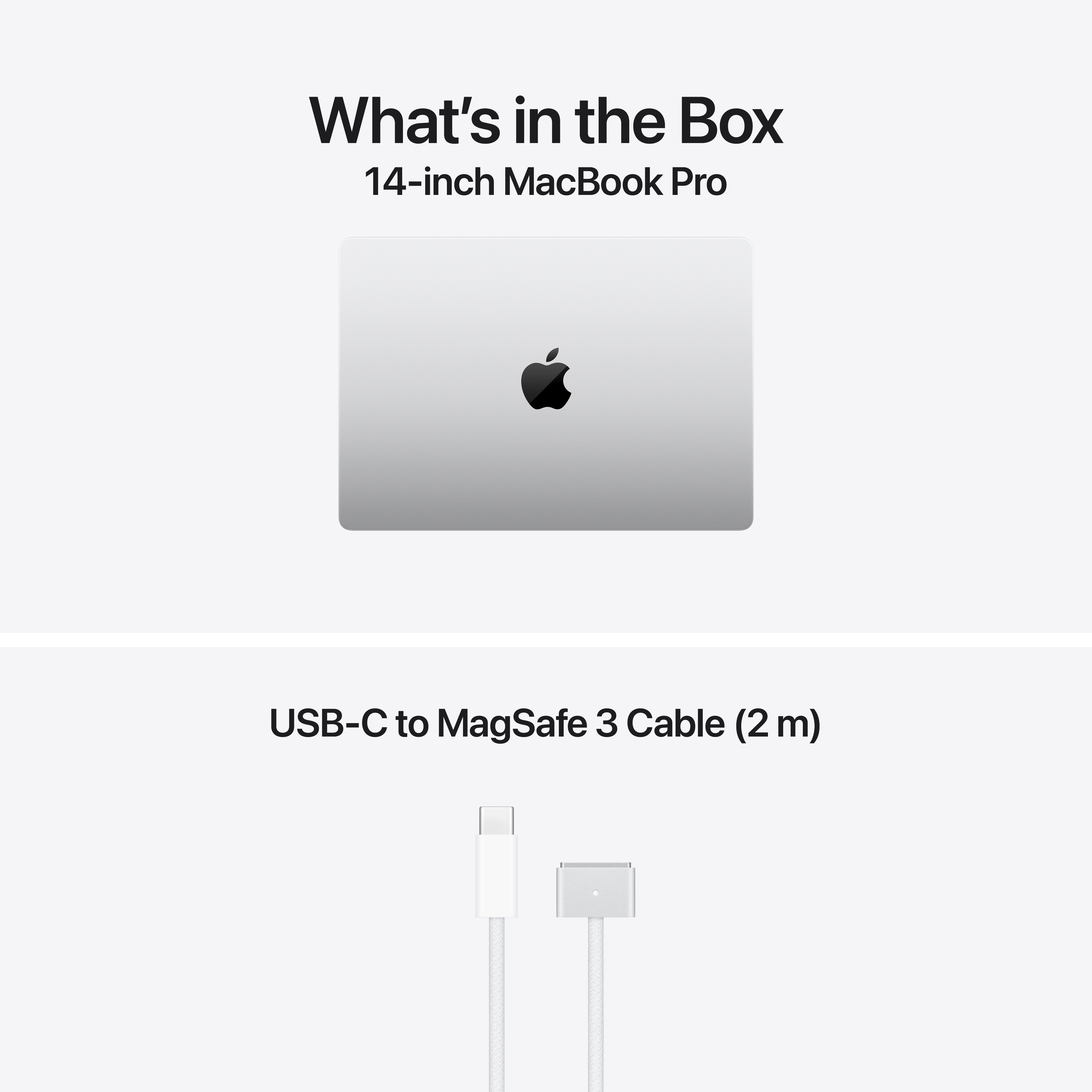 A 14 hüvelykes MacBook Pro dobozának tartalma USB-C - MagSafe 3 kábellel.