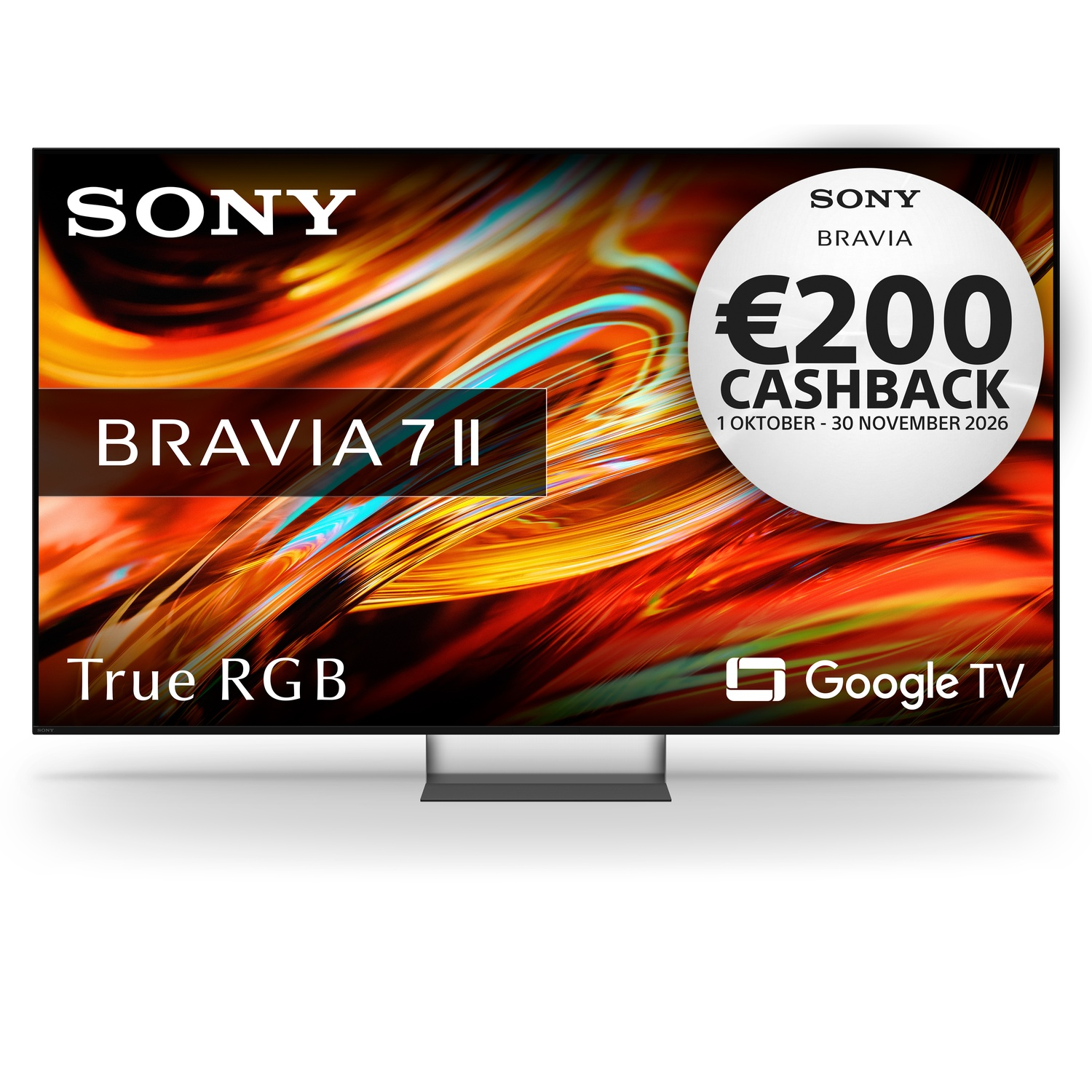 Sony Bravia 7 II tv met kleurenscherm, True RGB, Google TV en 200 € cashback-actie.