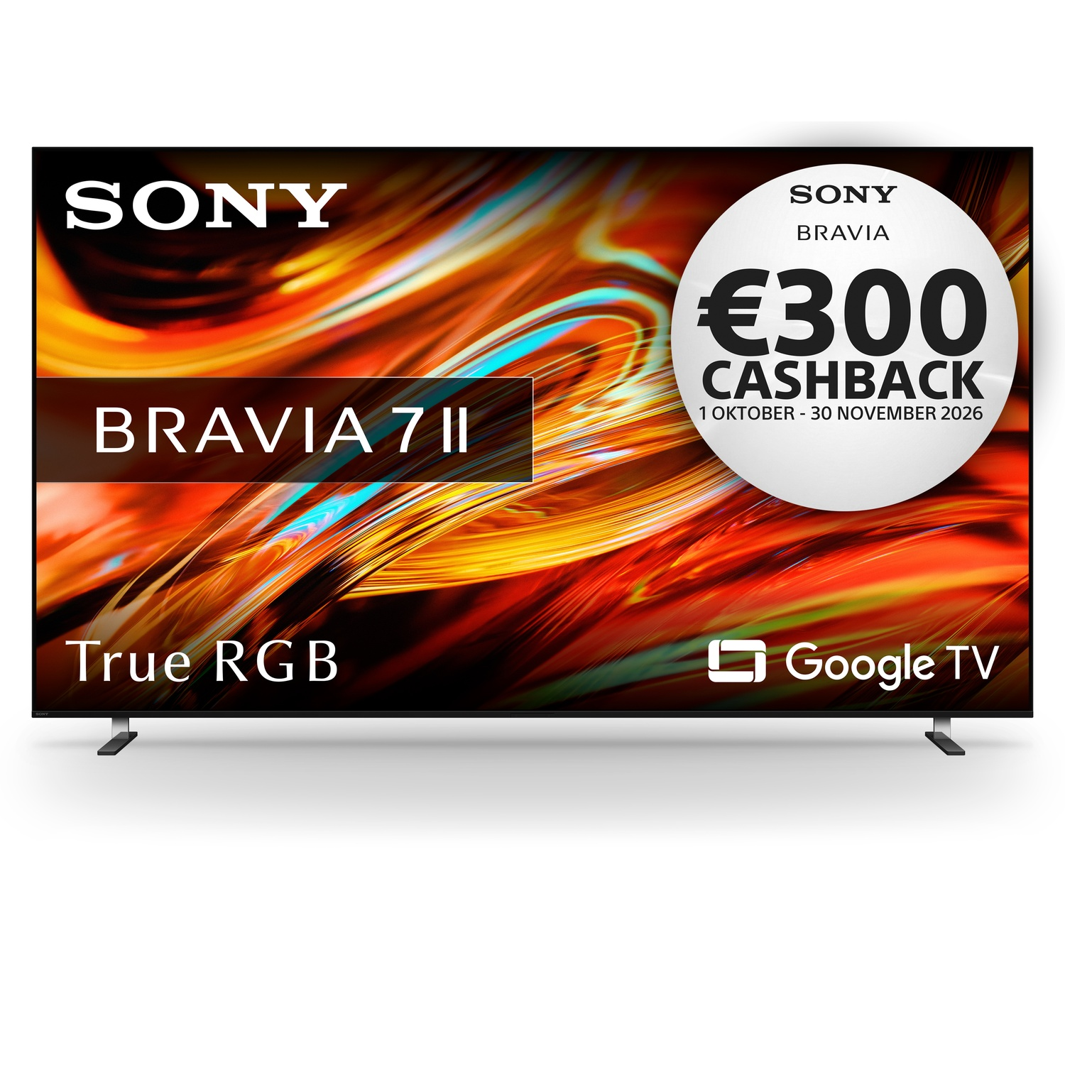 Een Sony Bravia 7 II Google TV met een kleurrijke abstracte achtergrond en 300 euro cashback.