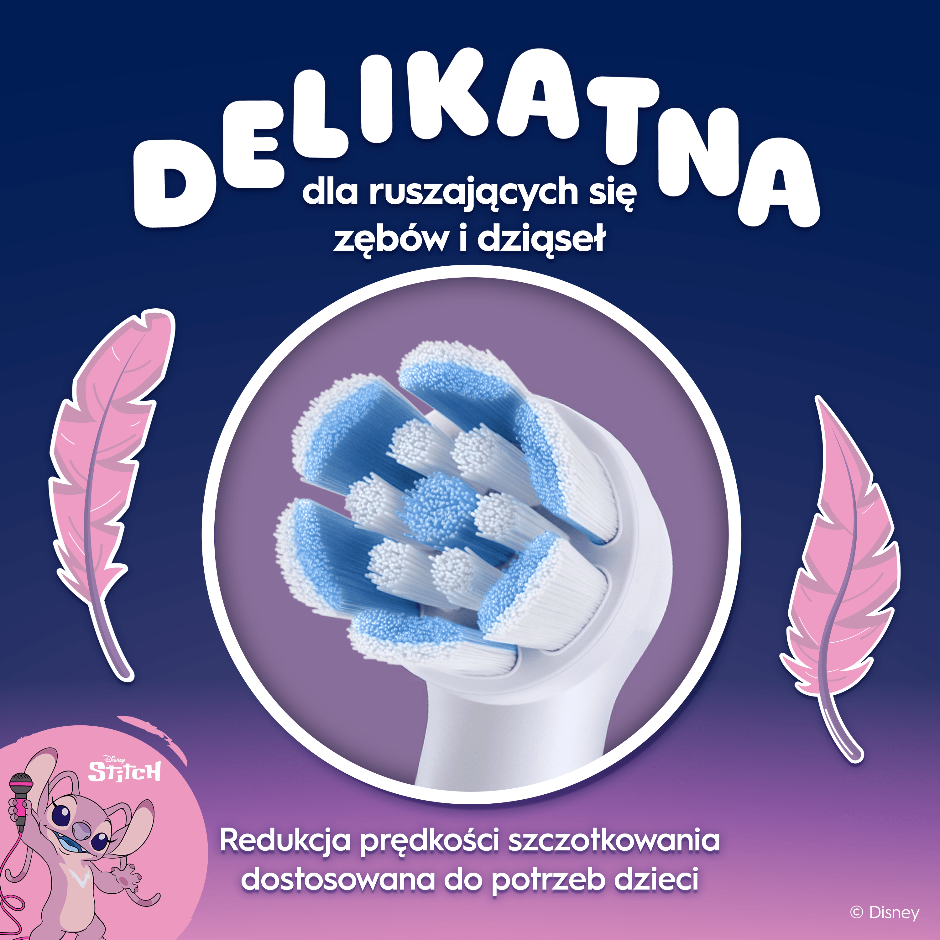 Miękka główka szczoteczki z niebiesko-białym włosiem, różowymi piórkami i grafiką Stitcha na niebieskim tle.