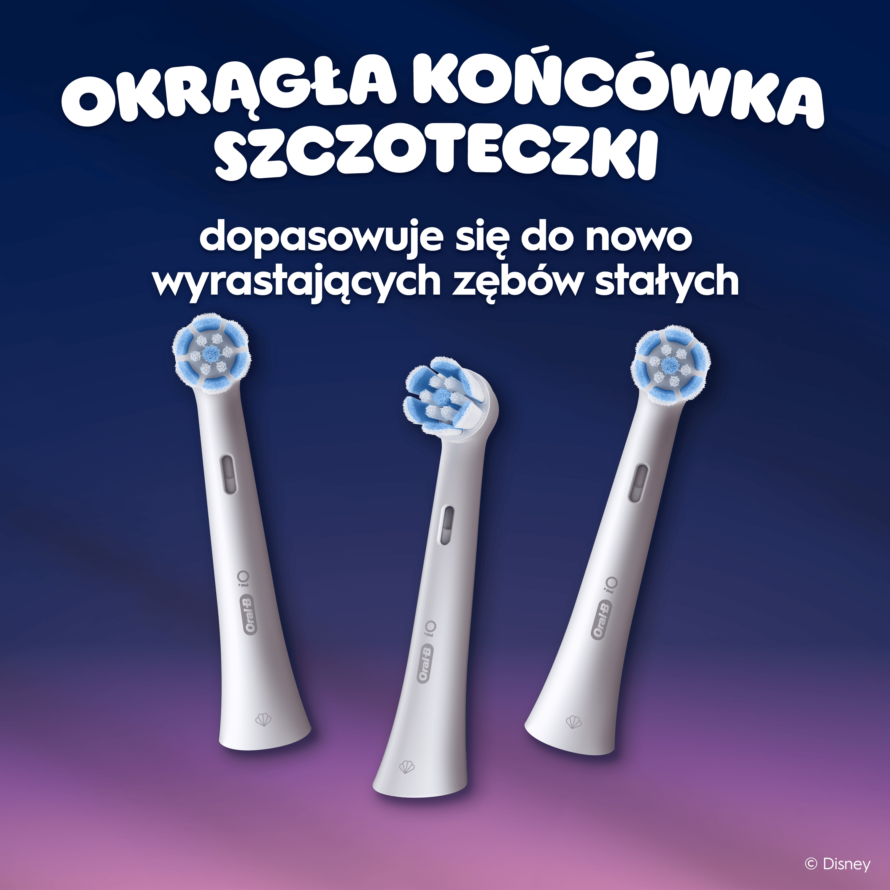 Trzy końcówki szczoteczki Oral-B iO na ciemnoniebiesko-fioletowym tle z polskim tekstem.