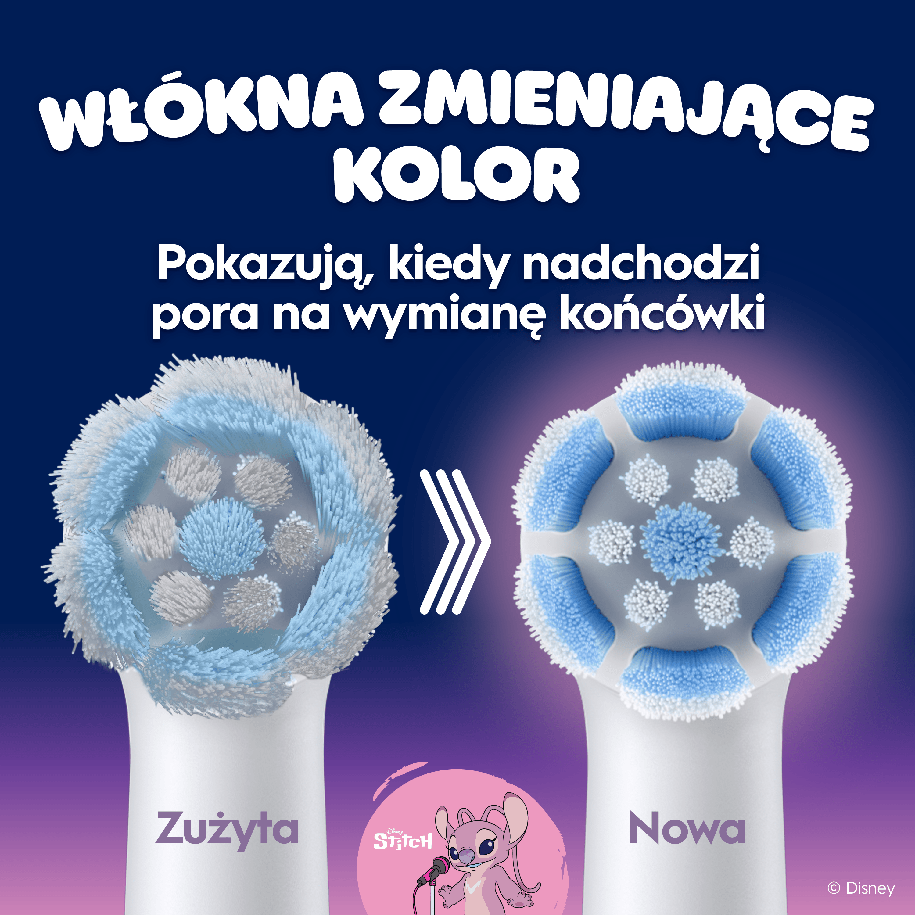 Porównanie zużytej i nowej końcówki szczoteczki zmieniającej kolor.