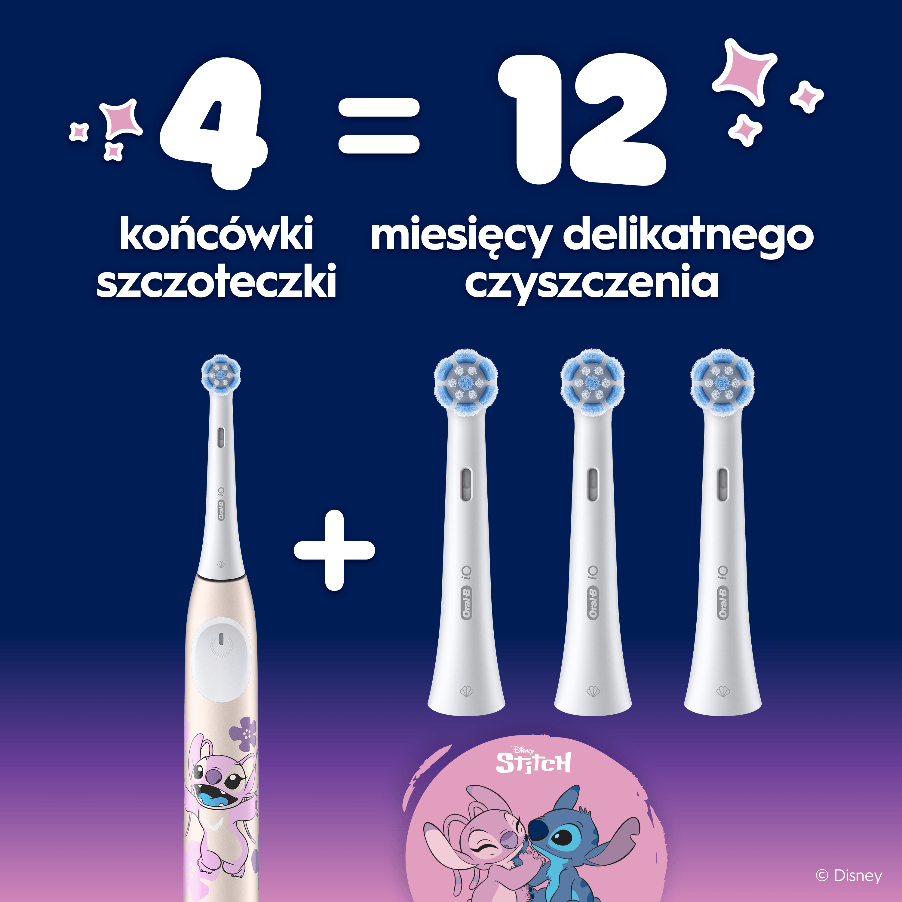 Cztery końcówki szczoteczki to dwanaście miesięcy delikatnego czyszczenia z motywem Stitcha.