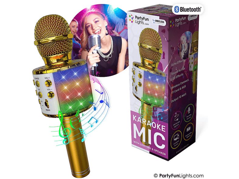PartyFunLights Bluetooth Karaoke-Mikrofon mit Beleuchtung und Lautsprecher, Gold