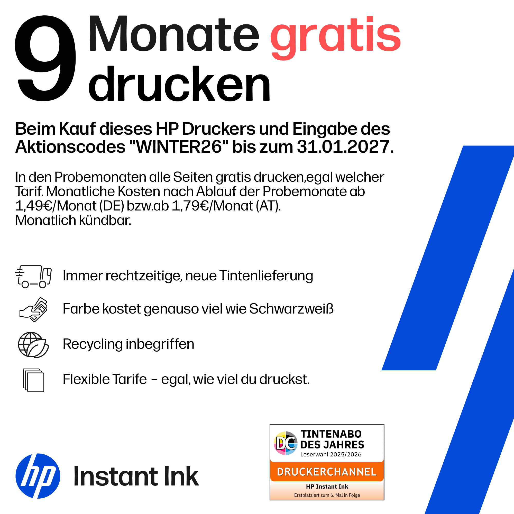 Werbung für HP Instant Ink mit 9 Monaten gratis drucken und Aktionscode WINTER26.