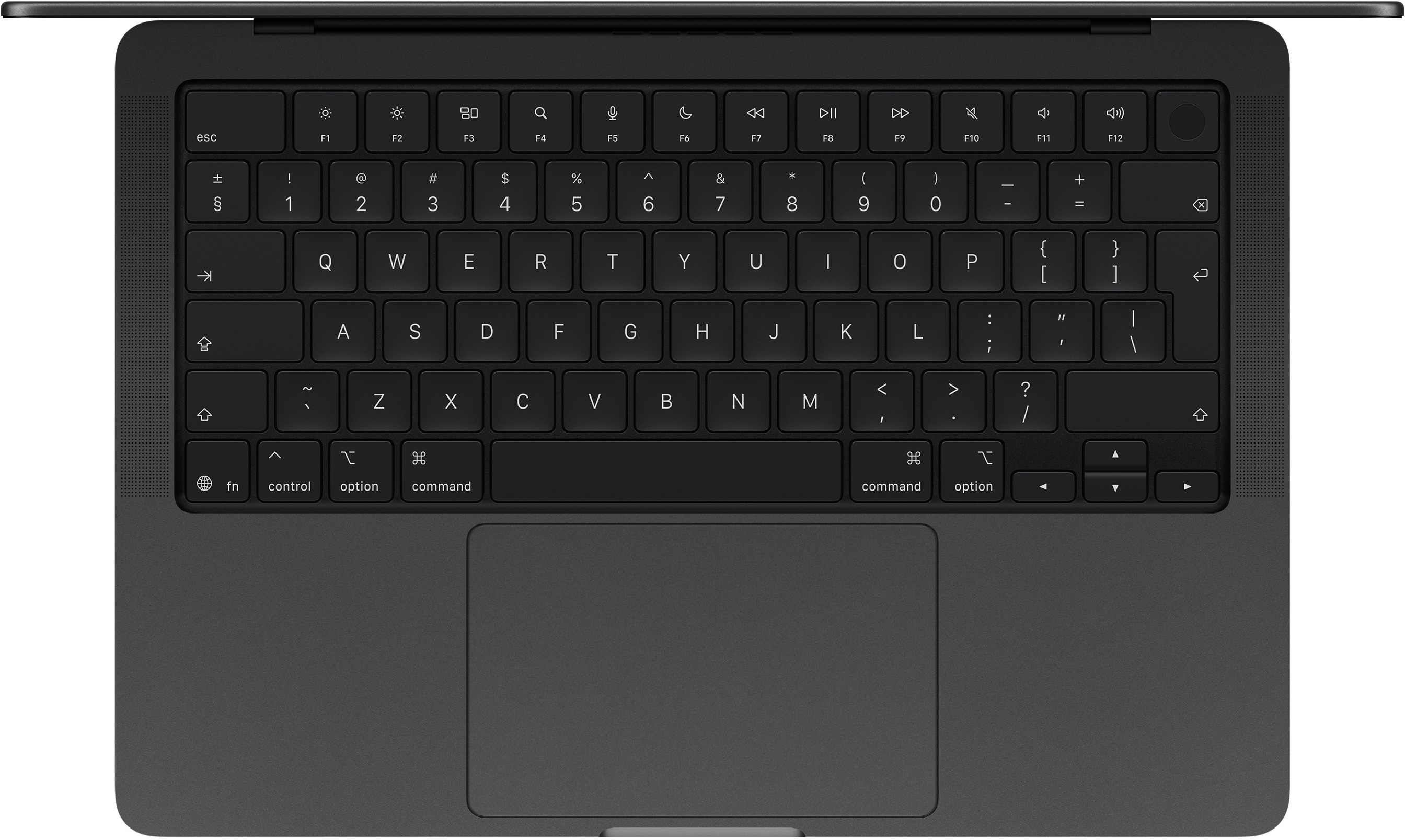 Fekete laptop billentyűzet felülnézetben, beépített érintőpaddal, sötét háttéren.