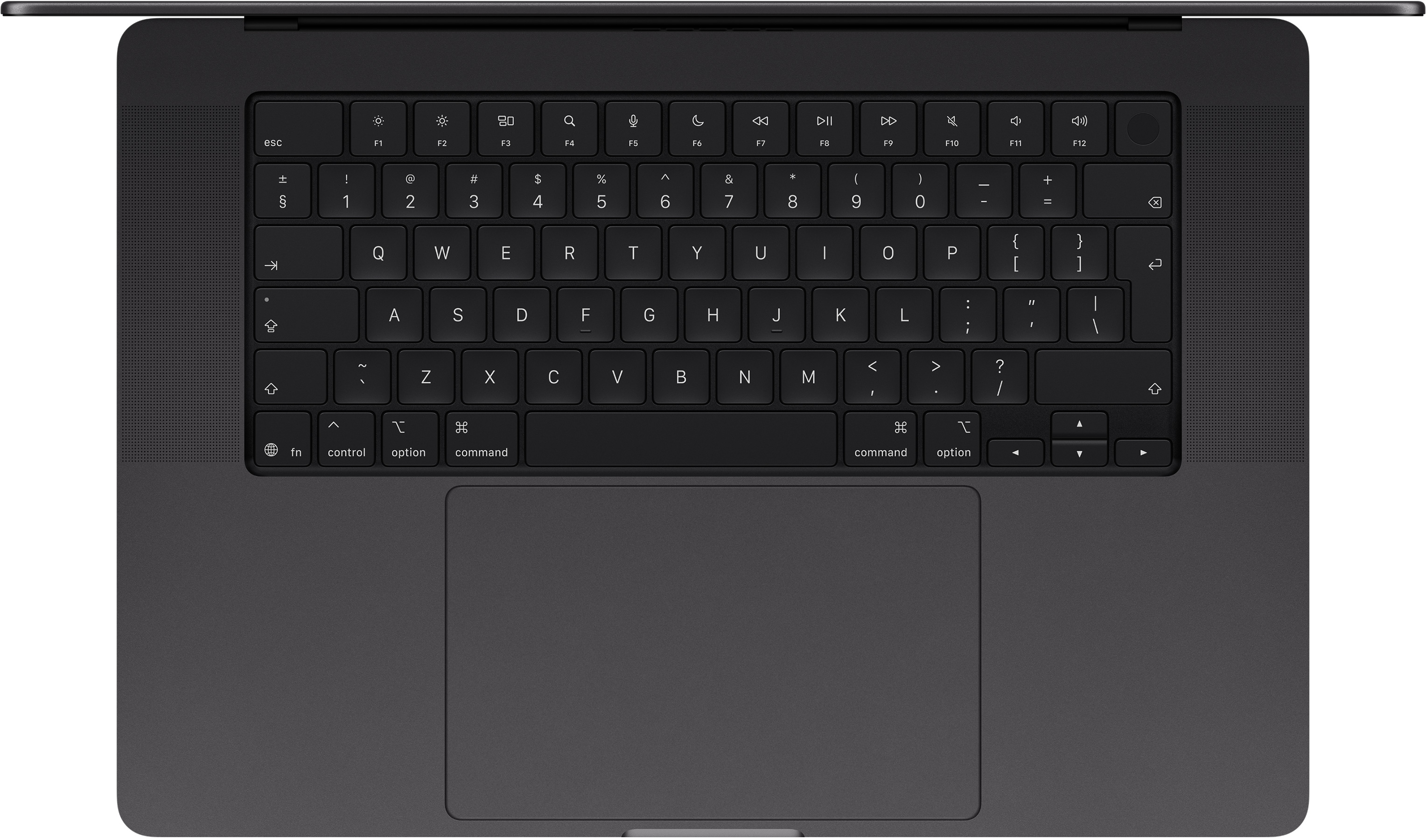 Fekete laptop billentyűzet felülnézete beépített érintőpaddal és oldalra helyezett hangszórókkal.
