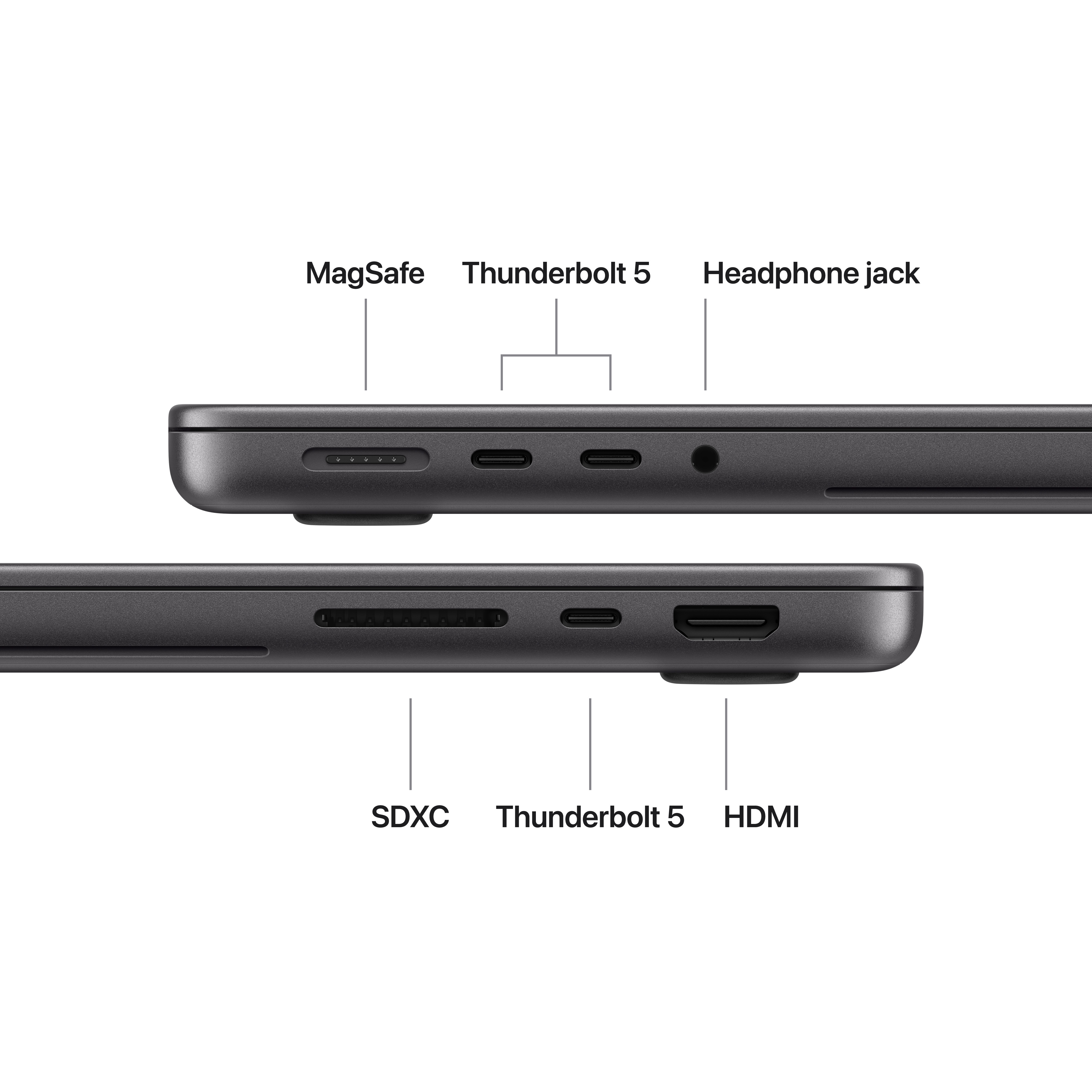 Egy laptop oldalnézete MagSafe, Thunderbolt 5, fejhallgató-csatlakozó, SDXC és HDMI portokkal.
