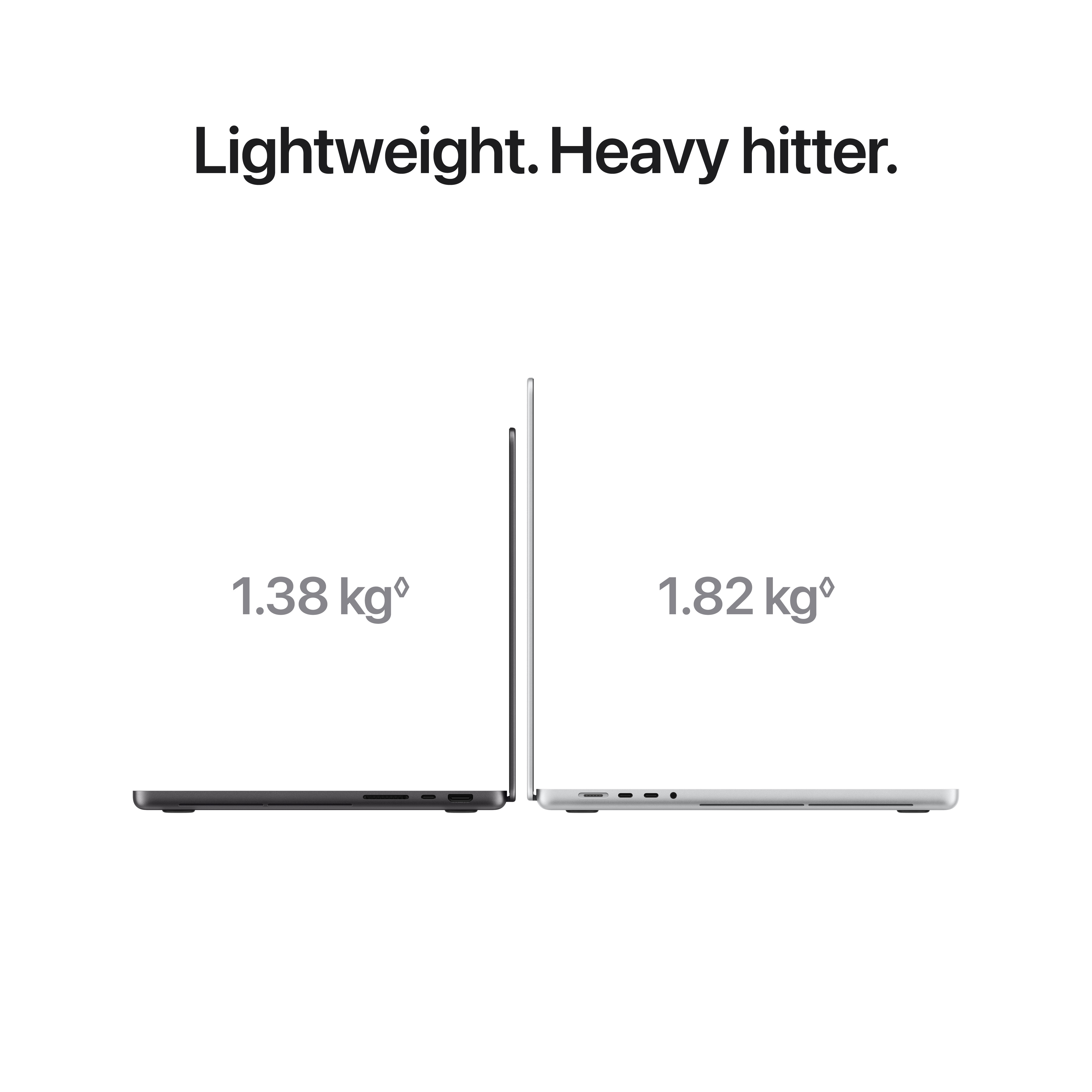 Két zárt laptop egymás mellett, 1,38 kg és 1,82 kg súllyal, fehér háttér előtt.