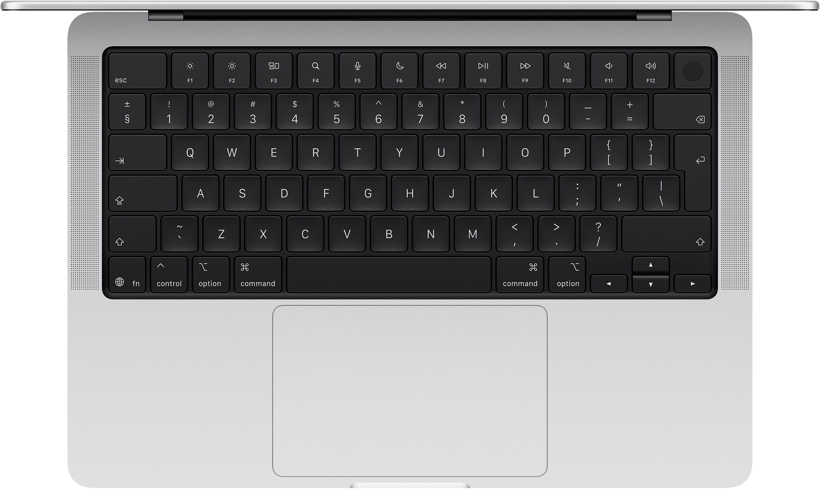 Felülnézet egy ezüst laptop billentyűzetéről és érintőpadjáról.