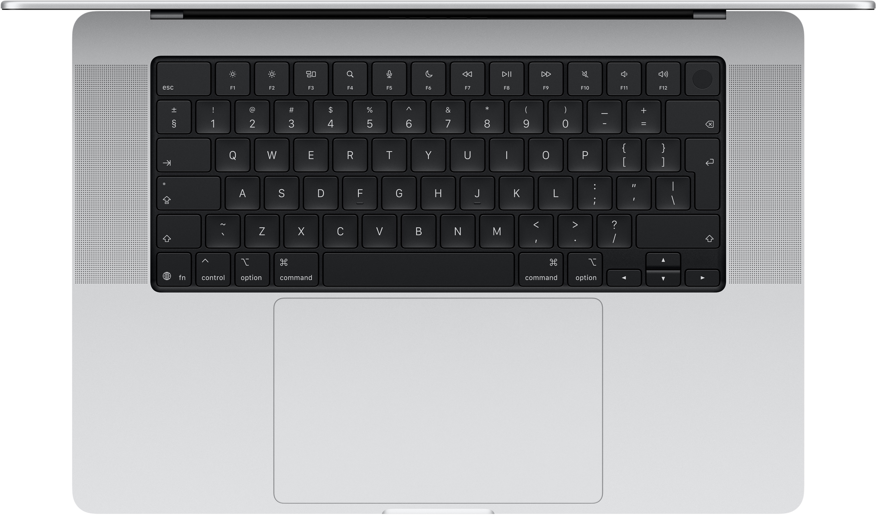 Felülnézet egy ezüstszínű laptop billentyűzetéről és érintőpadjáról fekete gombokkal.