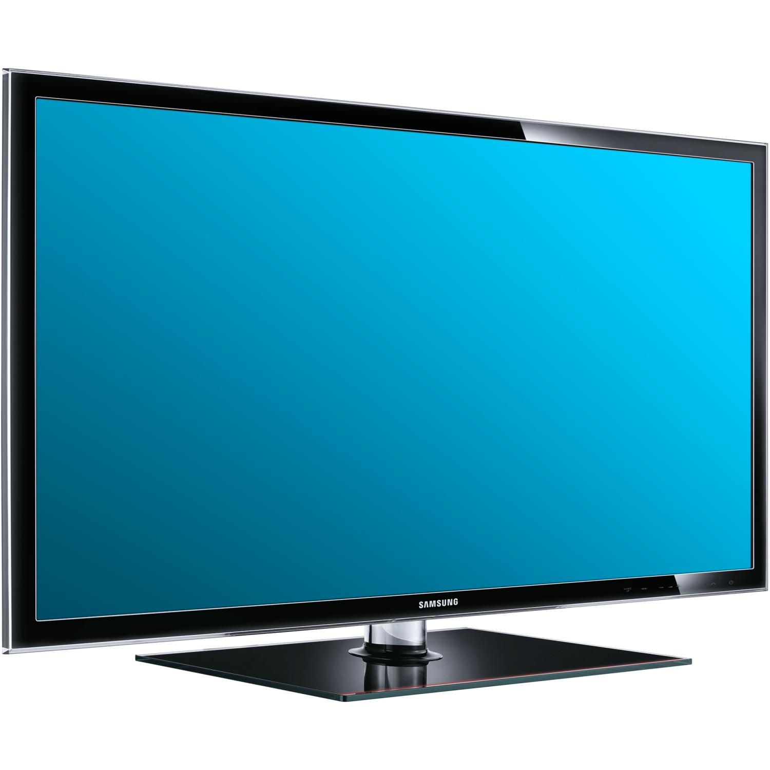 Ein großer Flachbildfernseher mit blauem Bildschirm, auf einem Ständer platziert. Der Rahmen ist schwarz.