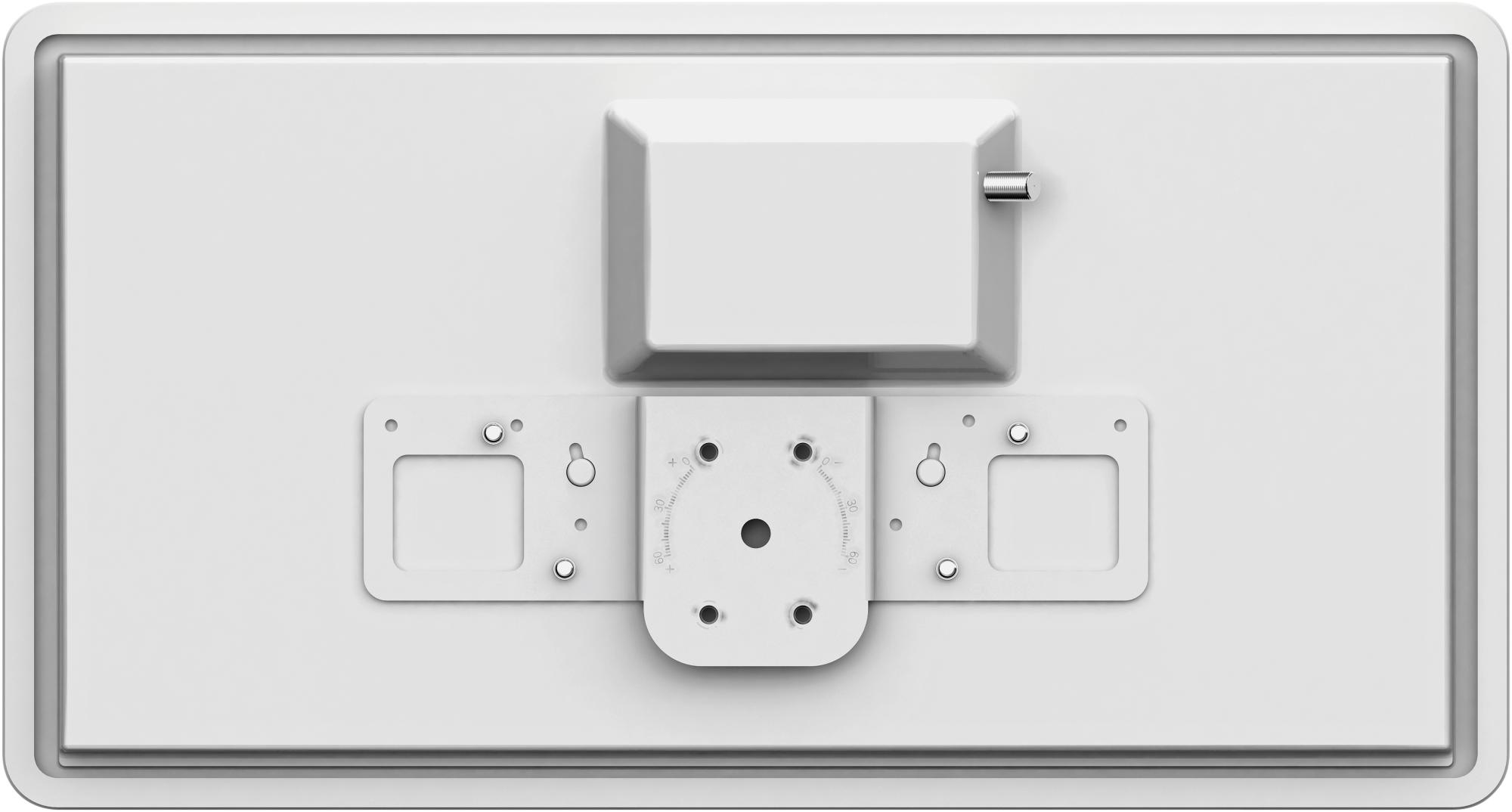 Weiße TV-Rückwand mit Befestigungsmaterial. Enthält eine kleine zentrale Box und Befestigungspunkte.