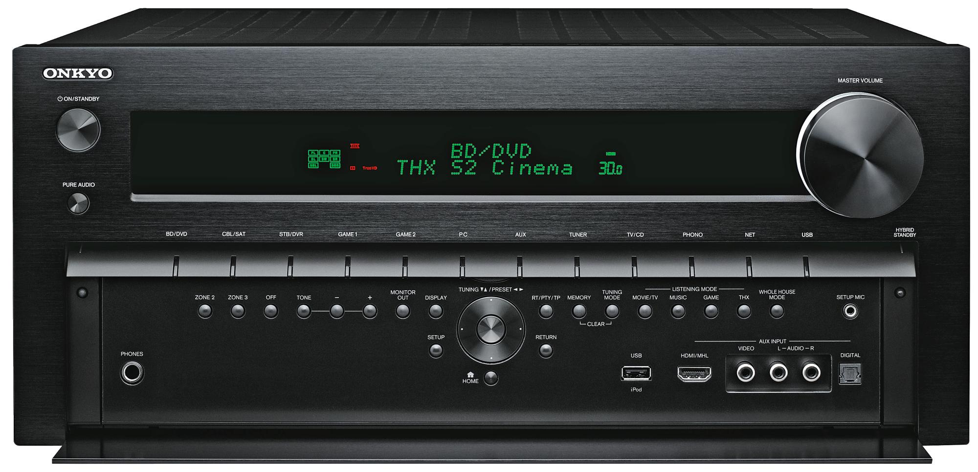 Ein schwarzer Onkyo AV-Receiver mit Display und zahlreichen Knöpfen. Er hat einen silbernen Lautstärkeregler.