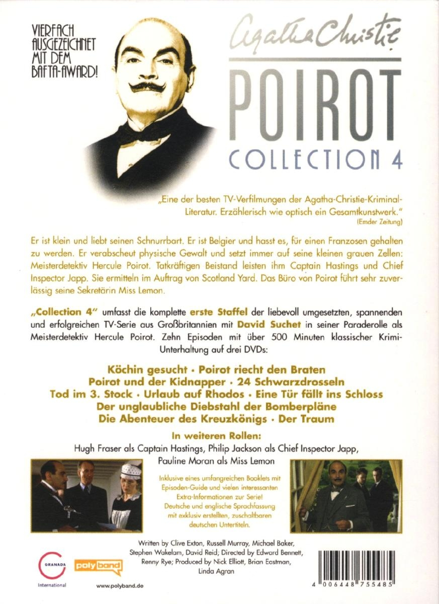 Rückseite der Agatha Christie's Poirot Collection 4 DVD, mit Text und einem Bild von Poirot.