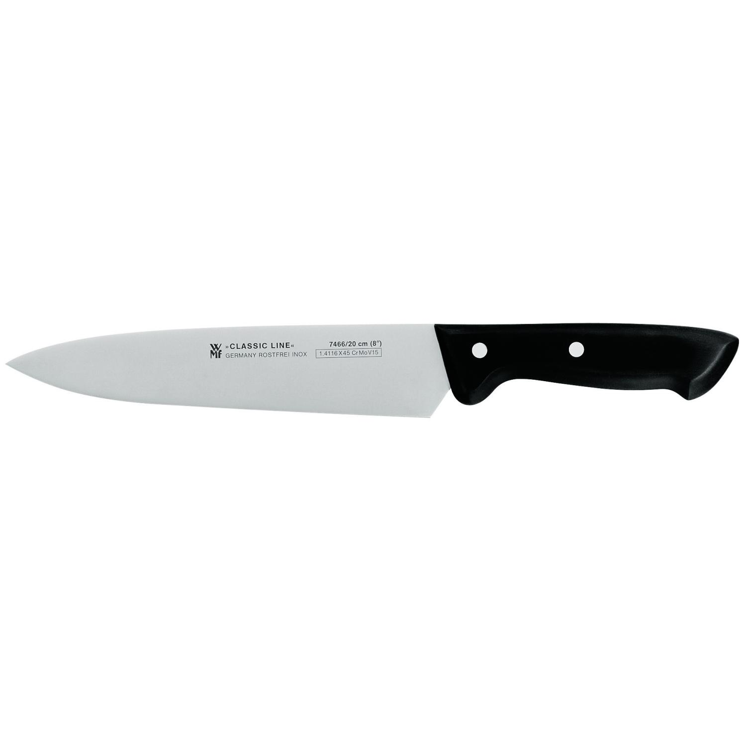 Ein Küchenmesser. Es hat eine silberne Klinge und einen schwarzen Griff mit zwei schwarzen Nieten.
