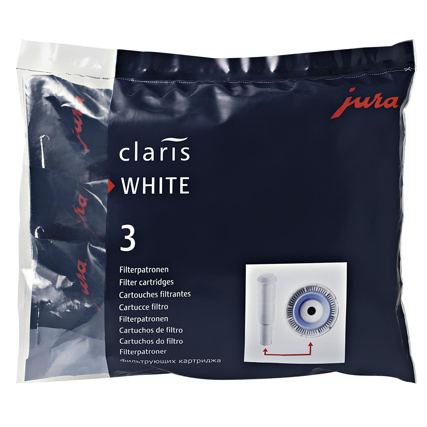 Eine Tasche mit der Aufschrift 'claris WHITE' mit Filterpatronen. Es hat das Jura-Logo in Rot.