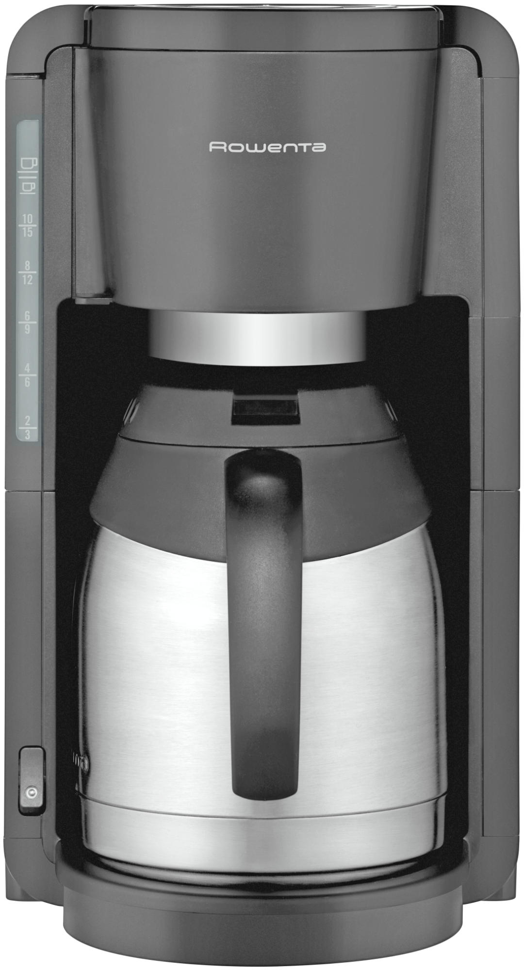 Schwarze Rowenta Kaffeemaschine mit Edelstahlkaraffe. Weißer Hintergrund.