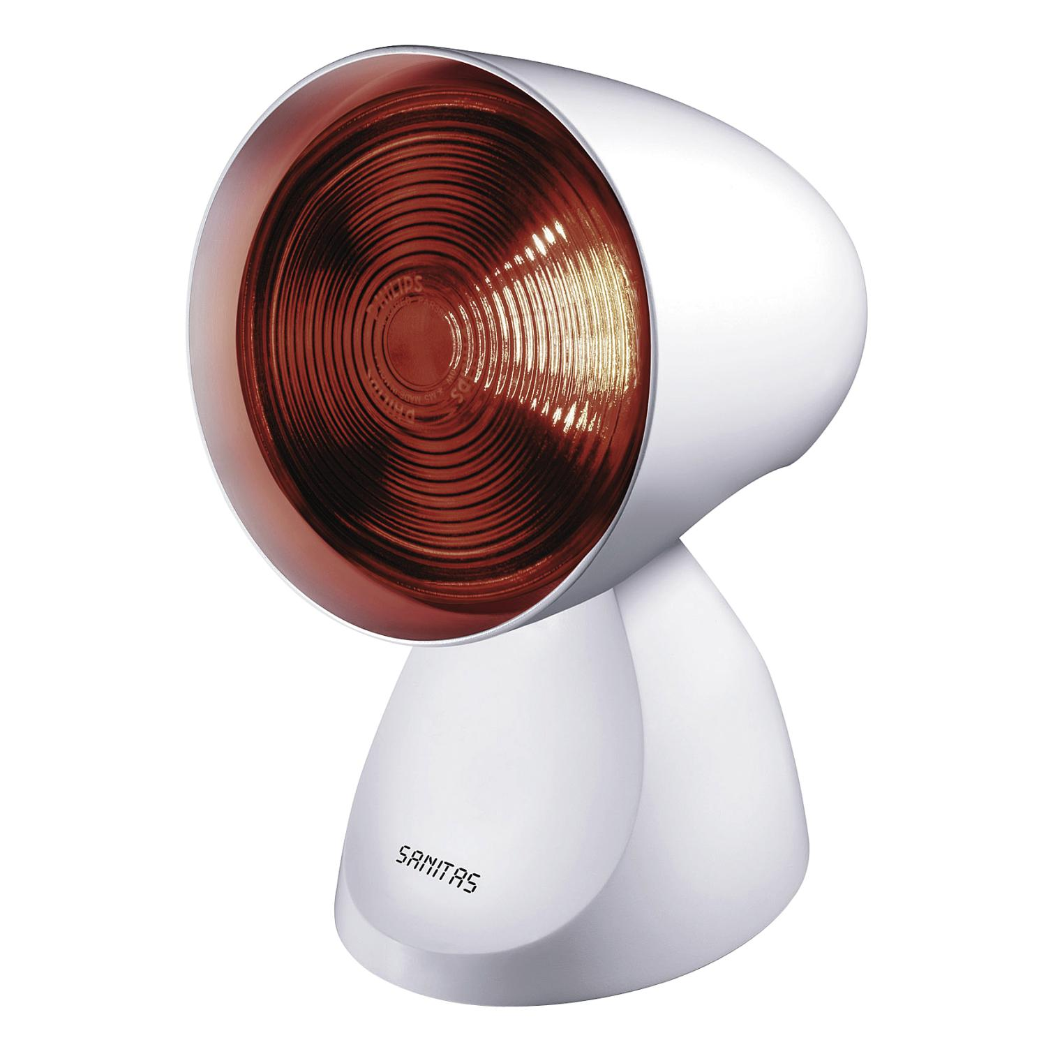 Weiße und rote Sanitas Infrarotlampe mit gebogener Basis.