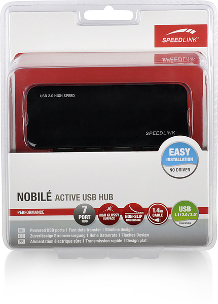 Ein verpackter USB-Hub in einer transparenten Hülle. Es hat 7 Anschlüsse, eine schwarze Oberfläche und SPEEDLINK-Branding.