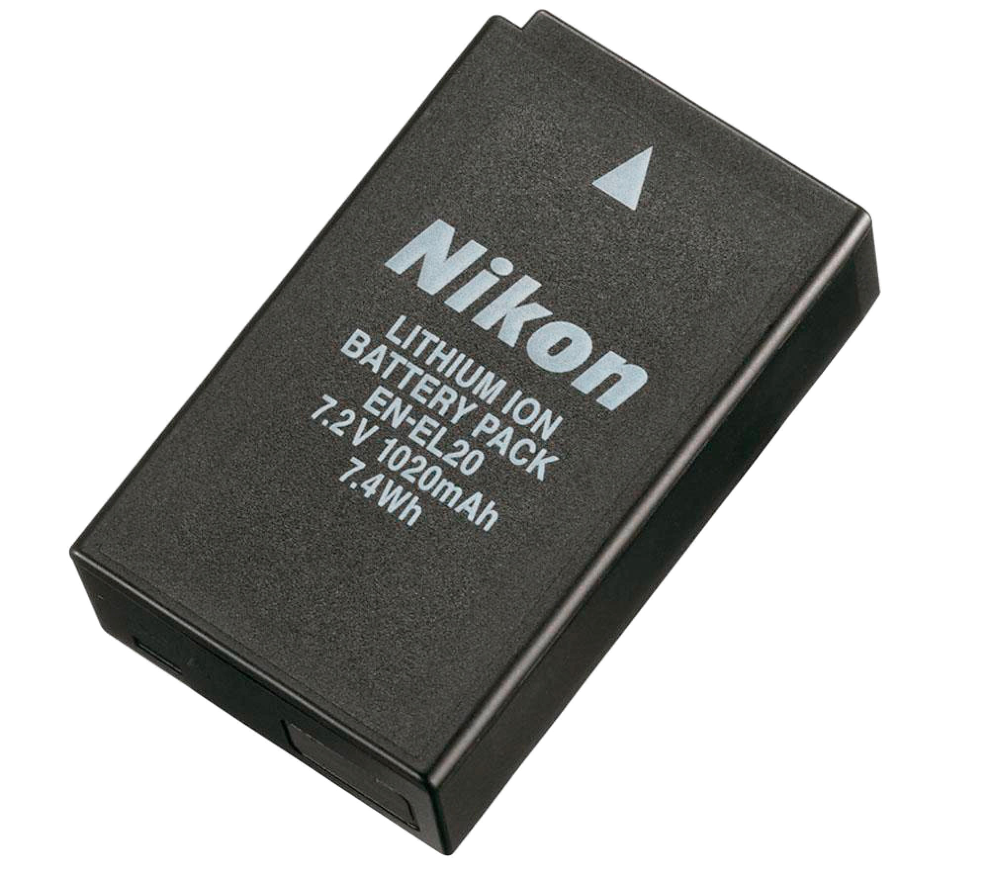 A black Nikon battery pack, with white text, including 'Nikon', 'Lithium Ion Battery Pack'.