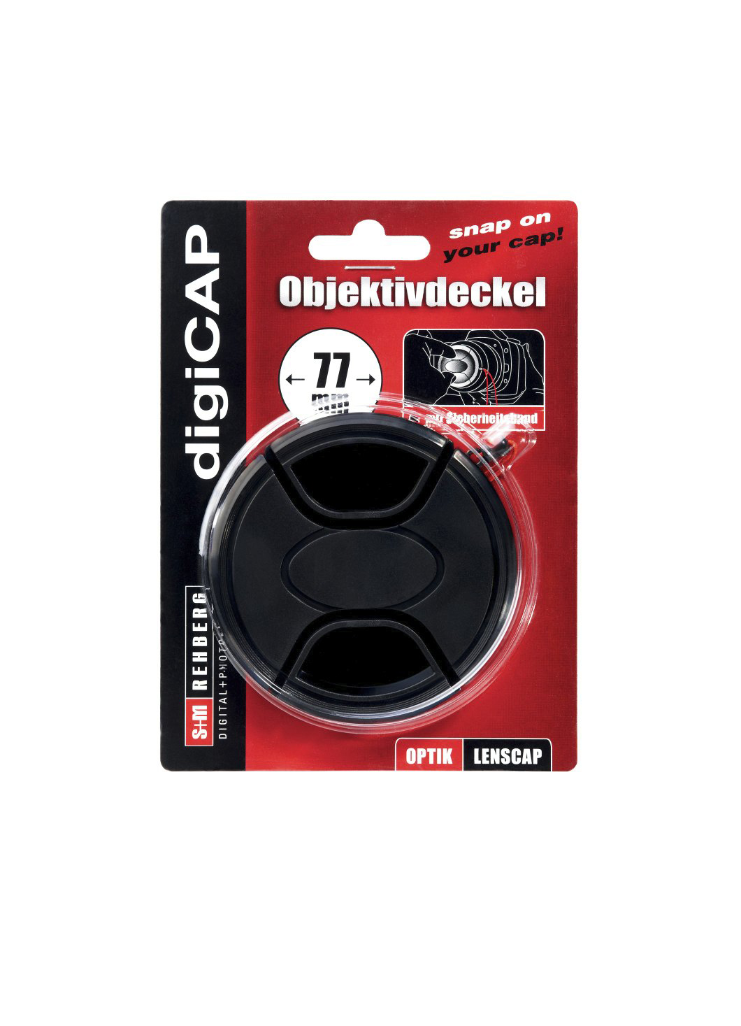 Schwarze Objektivkappe in roter Verpackung. Text: 'digiCAP' und 'OBJETIVDECKEL'.