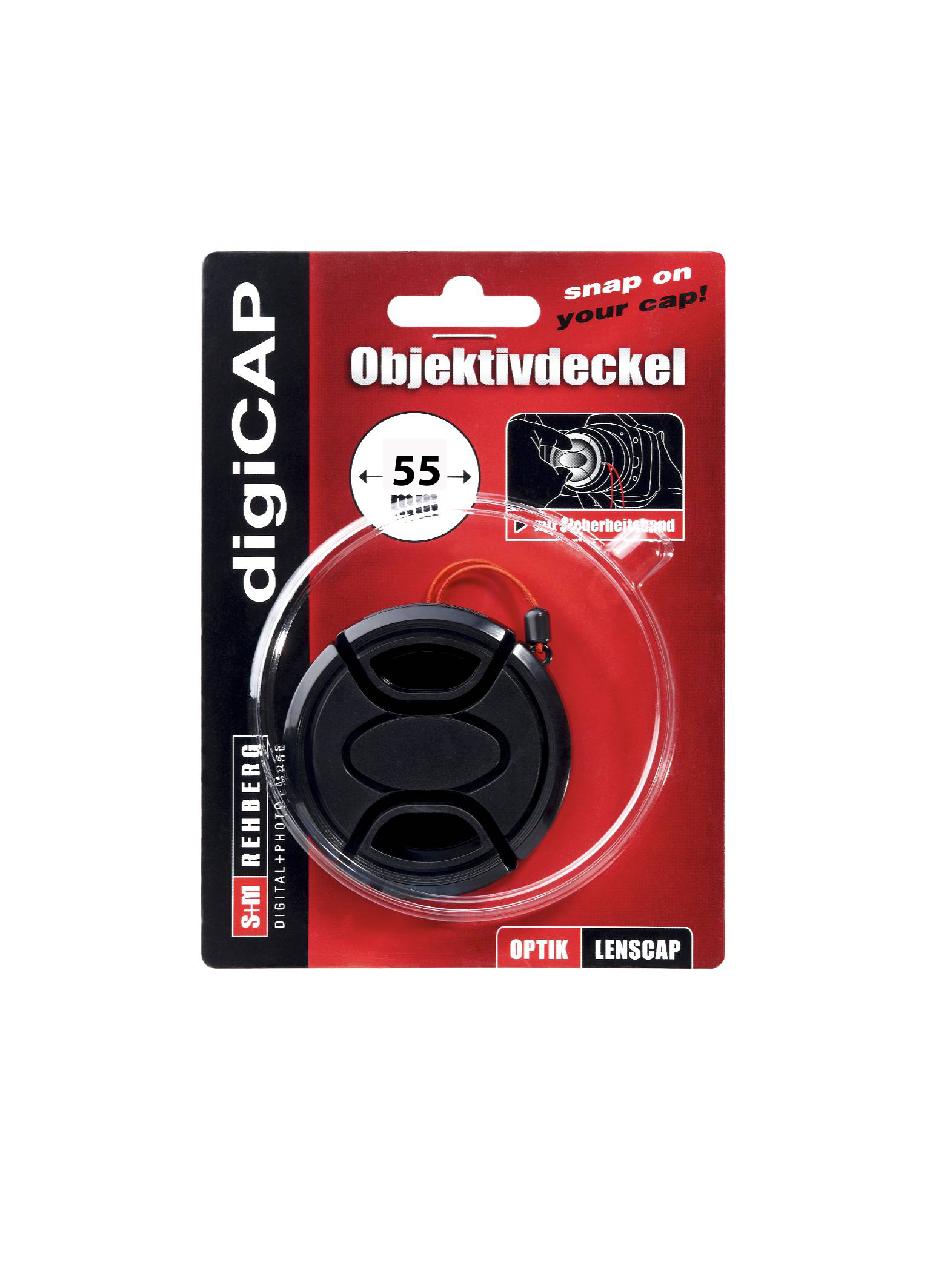Eine digiCAP Objektivkappenverpackung, schwarze Objektivkappe. Auf rotem und weißem Hintergrund.