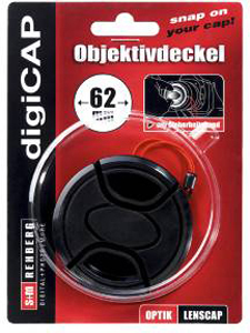 Eine schwarze Objektivdeckelverpackung mit der Marke digiCAP.