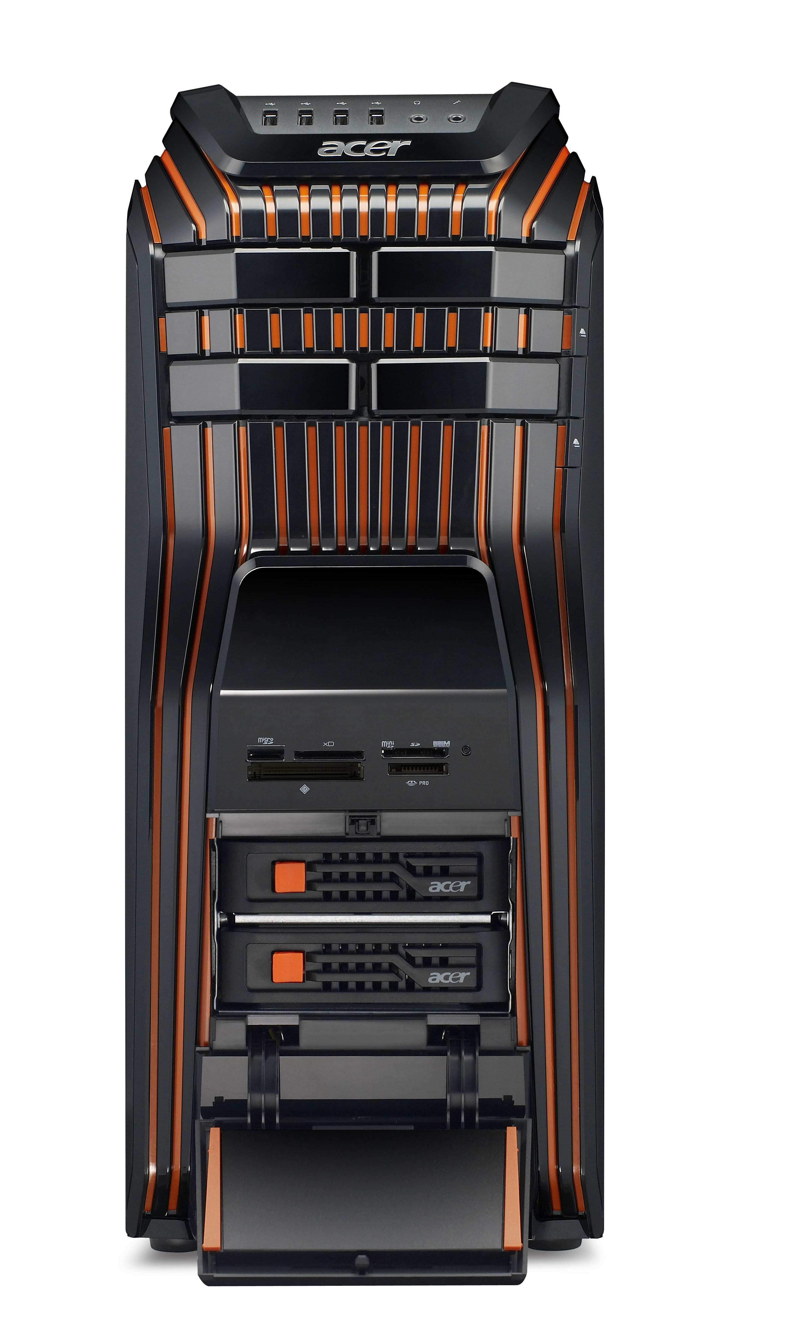 Acer-Computerturm, schwarz mit orangefarbenen Akzenten, Vorderansicht, isoliert auf Weiß.