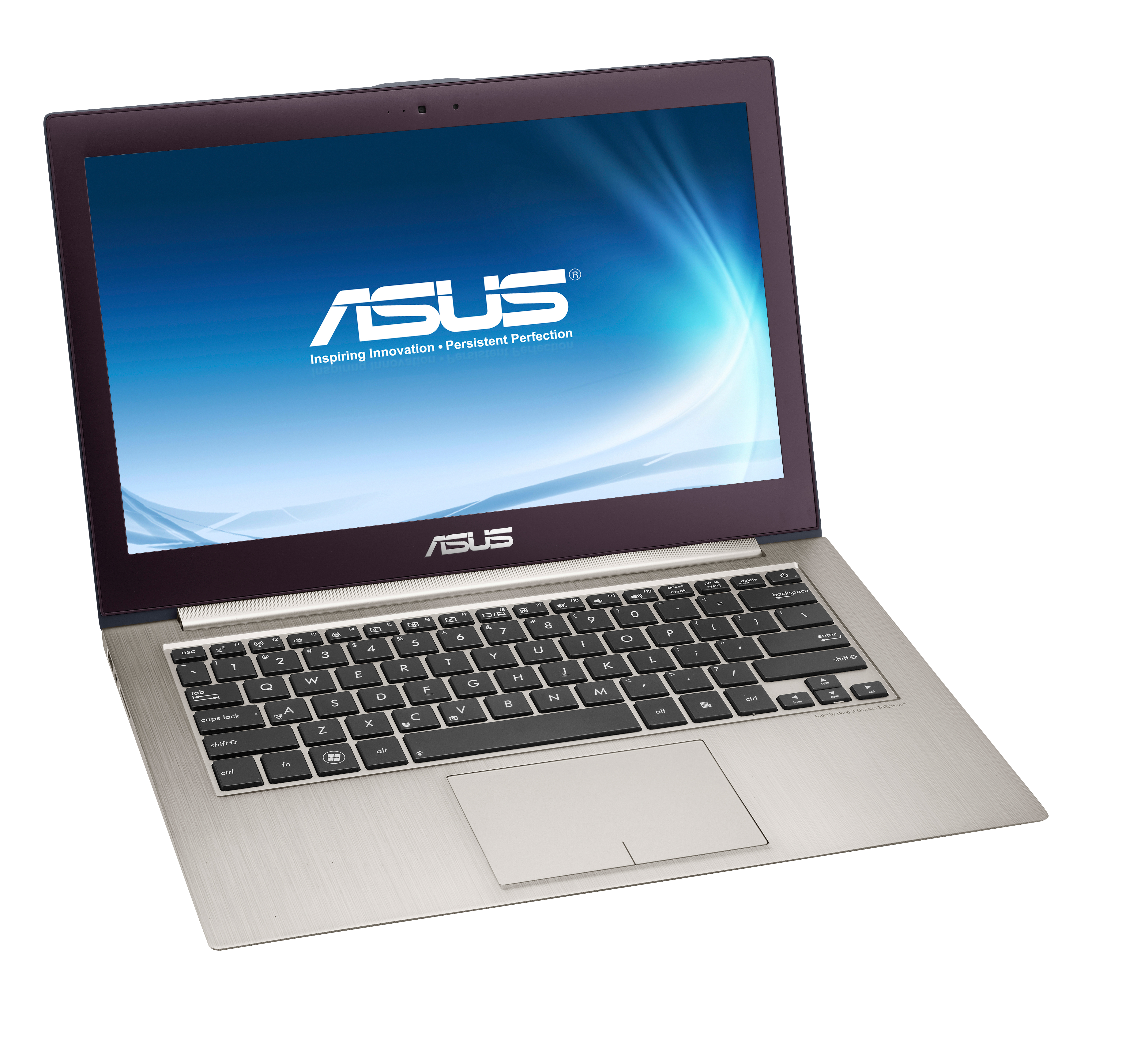 Ein ASUS Laptop mit silbernem Gehäuse und dunkelviolettem Bildschirmrahmen. Logo.