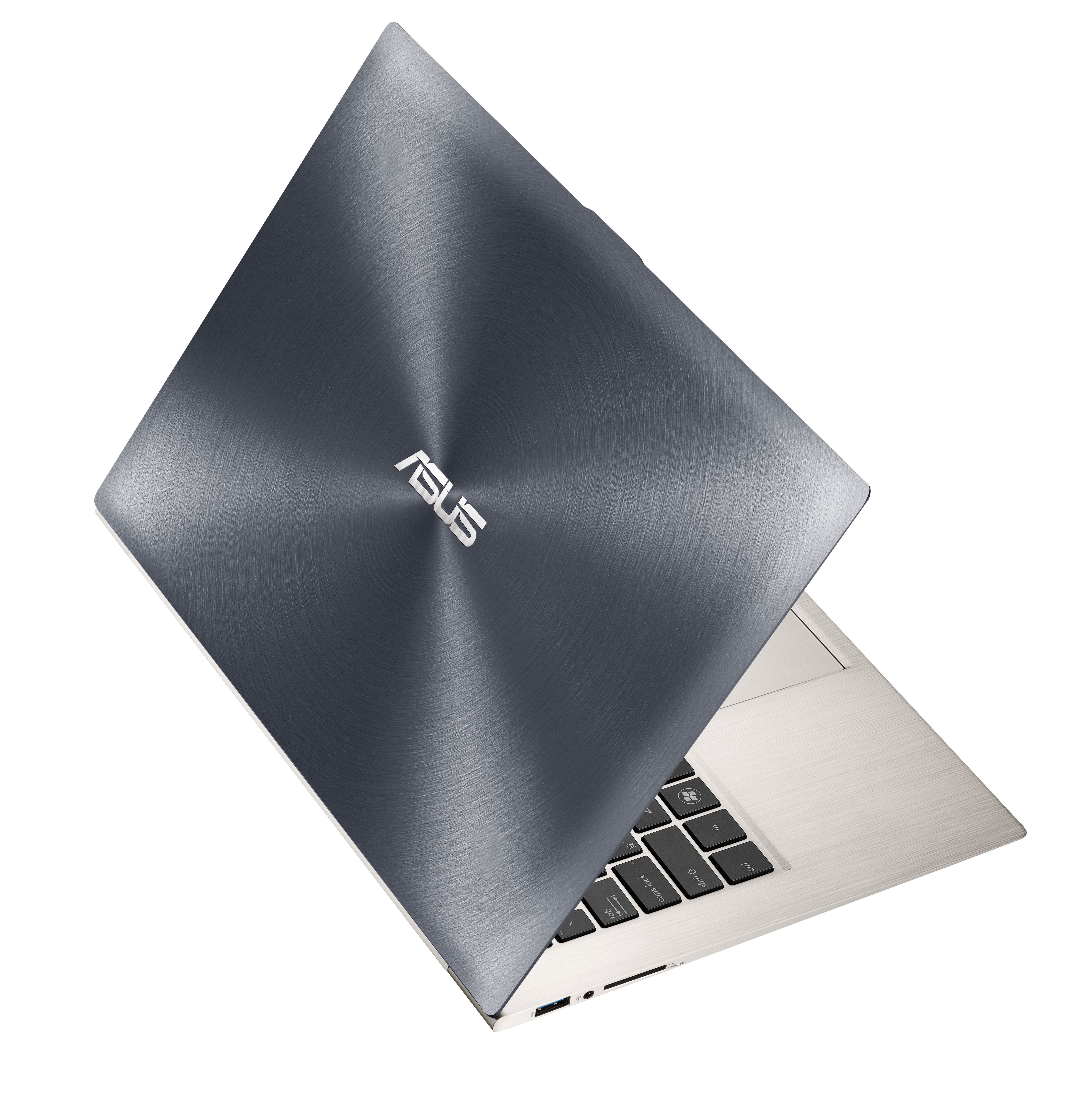 Ein silberner Asus Laptop mit geschlossenem, strukturiertem Deckel auf weißem Hintergrund.