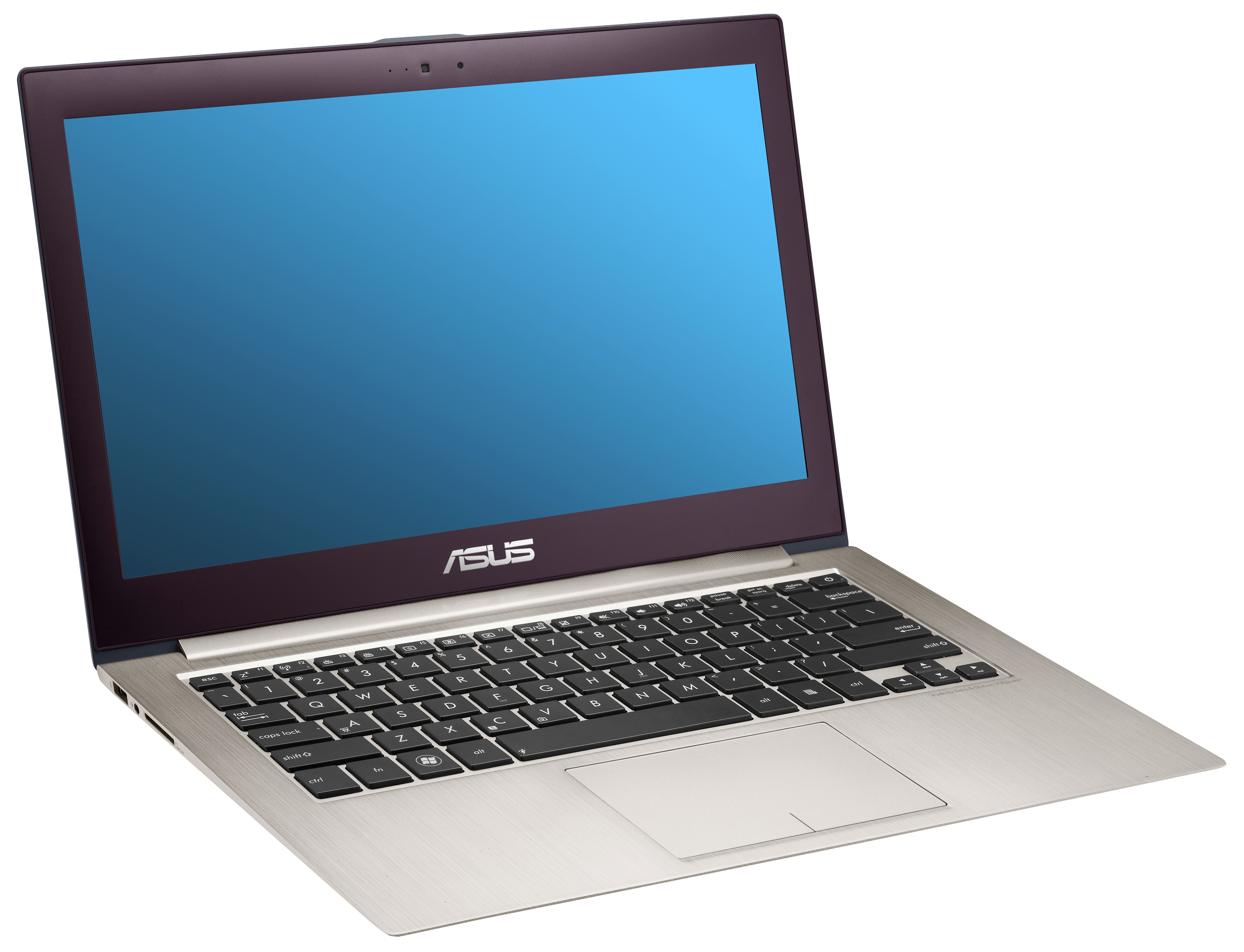 Ein silberner Asus Laptop mit schwarzer Tastatur und blauem Bildschirm vor weißem Hintergrund.