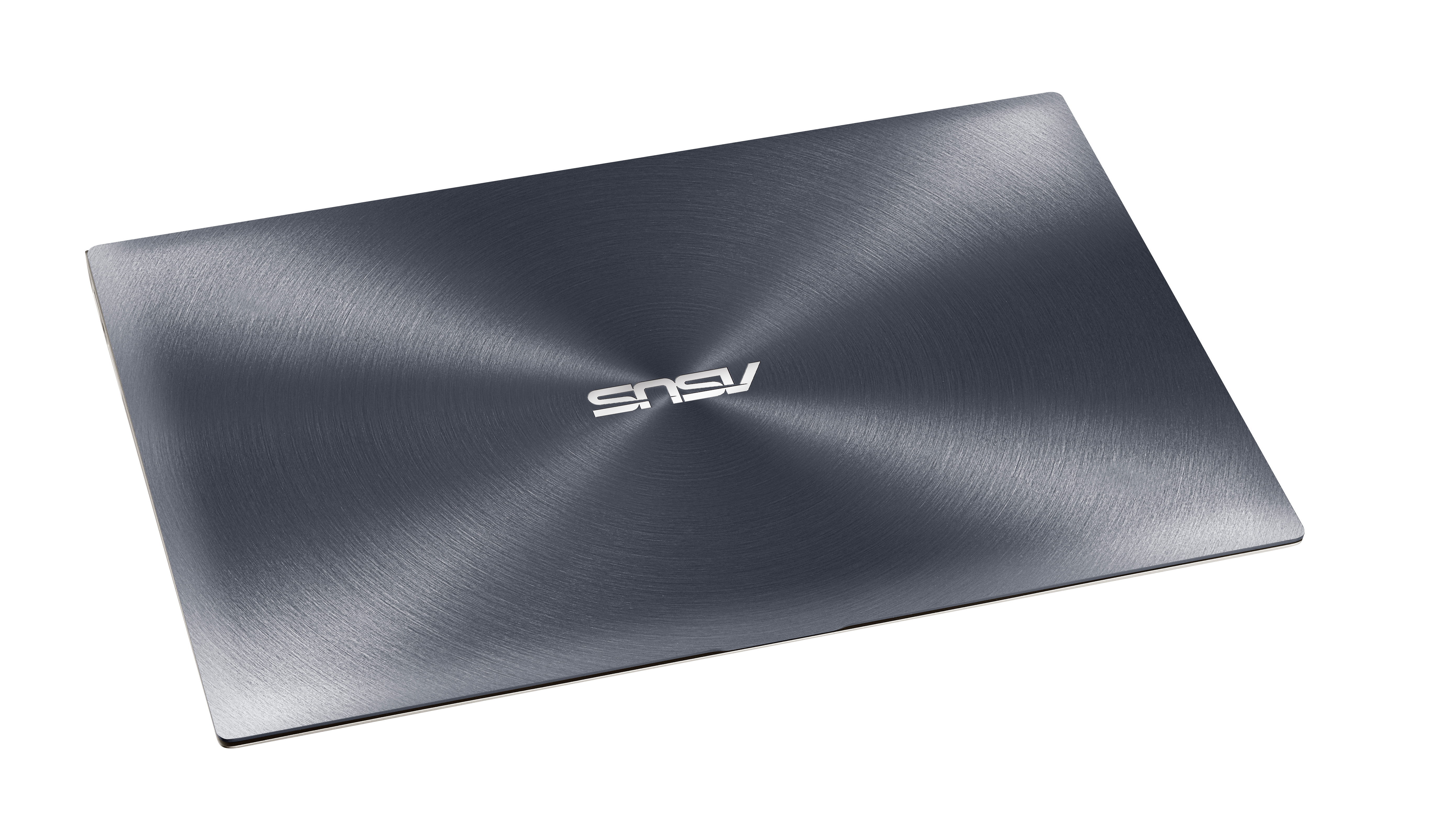 Geschlossener dunkelgrauer Asus-Laptop mit kreisförmig gebürstetem Metallfinish und zentriertem silbernen Logo.
