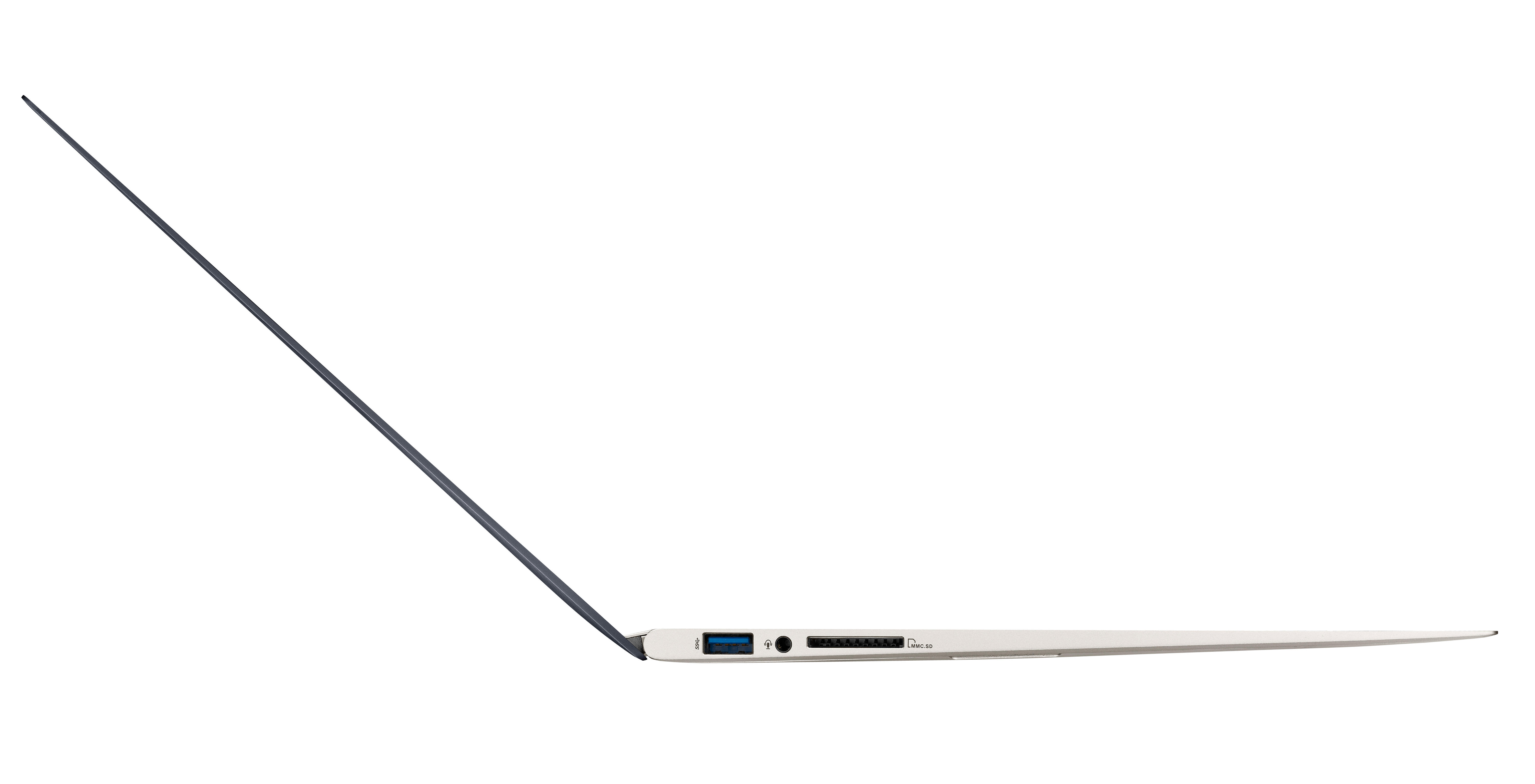 Laptop-Seitenansicht, offen. Weiß und grau. Der Hintergrund ist weiß.