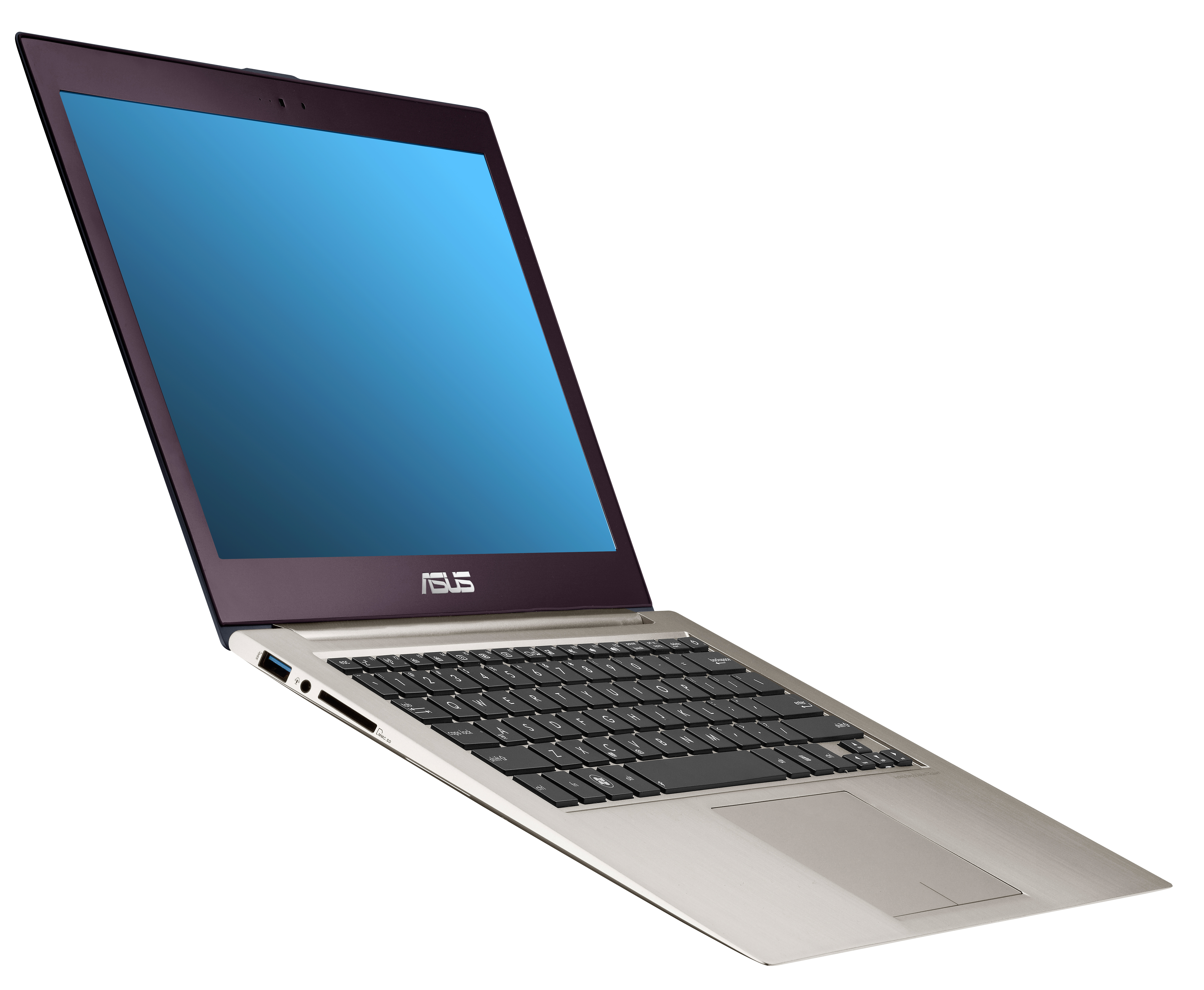 Ein Laptop mit blauem Bildschirm und burgunderfarbenem Rahmen. Der Hintergrund ist weiß.