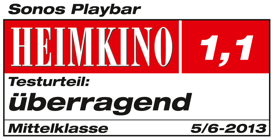 Sonos Playbar-Test, Text: 'HEIMKINO 1,1' und 'überragend', datiert 5/6-2013.