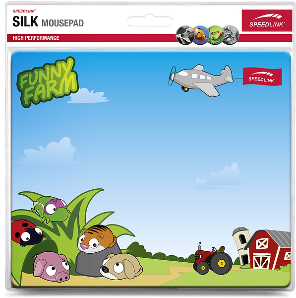 Mauspad mit Cartoon-Bauernhofszene. Himmel, Tiere, Traktor und Scheune. Weißer Hintergrund.