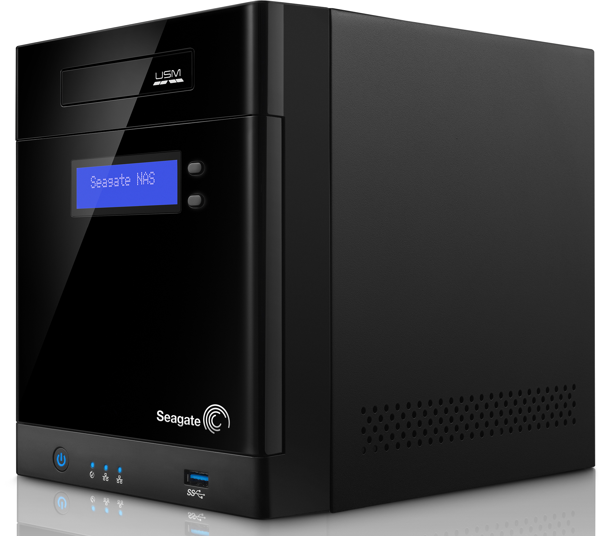 Schwarzes Seagate NAS mit blauem Bildschirm und Logo.