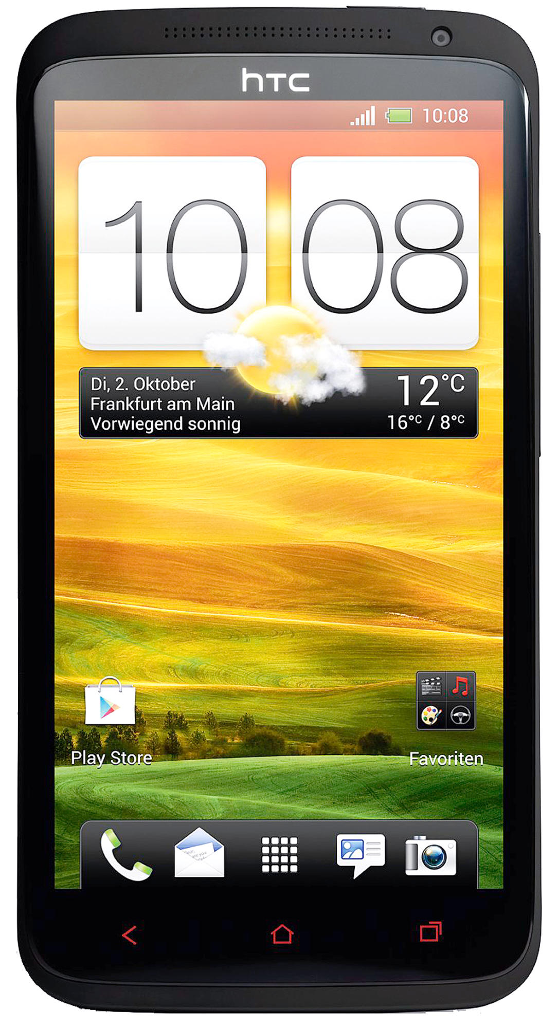 Schwarzes HTC-Telefon mit Wetteranzeige.