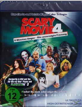 DVD-Cover mit Figuren aus 'Scary Movie 4', Text und einem gruseligen Monster.