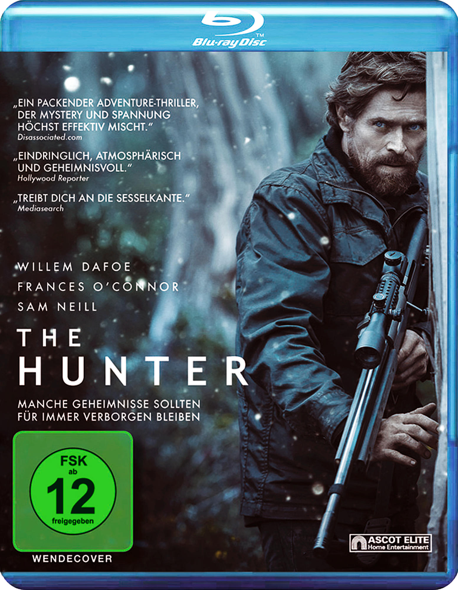 Blu-ray-Cover mit einem Mann, der eine Waffe in einem verschneiten Wald hält, mit dem Titel 'The Hunter' und Bewertung.