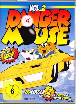 DVD-Cover: Ein Cartoon eines weißen Hundes und eines Mannes in einem gelben Auto. Der Titel lautet Danger Mouse. Der Text ist in Gelb und Orange.